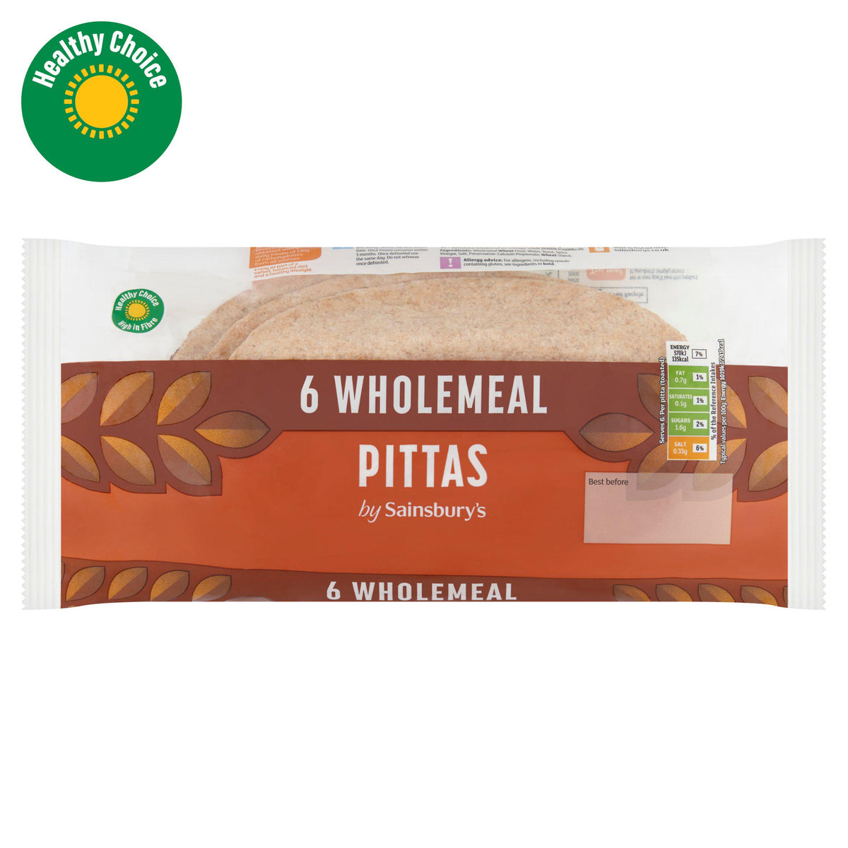 Sainsbury's wholemeal pitta bread pack of 6, imported from the UK