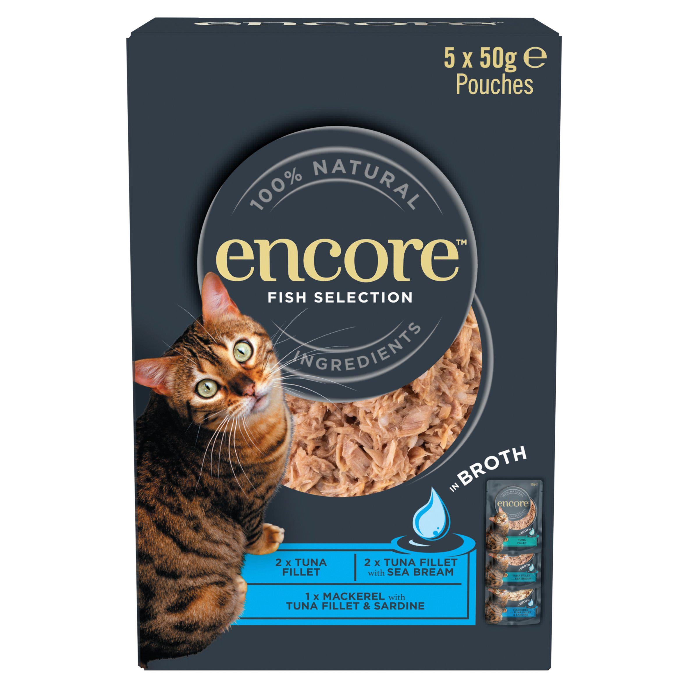 Encore cat food pouches fish selection in broth 5x50g, imported from the UK