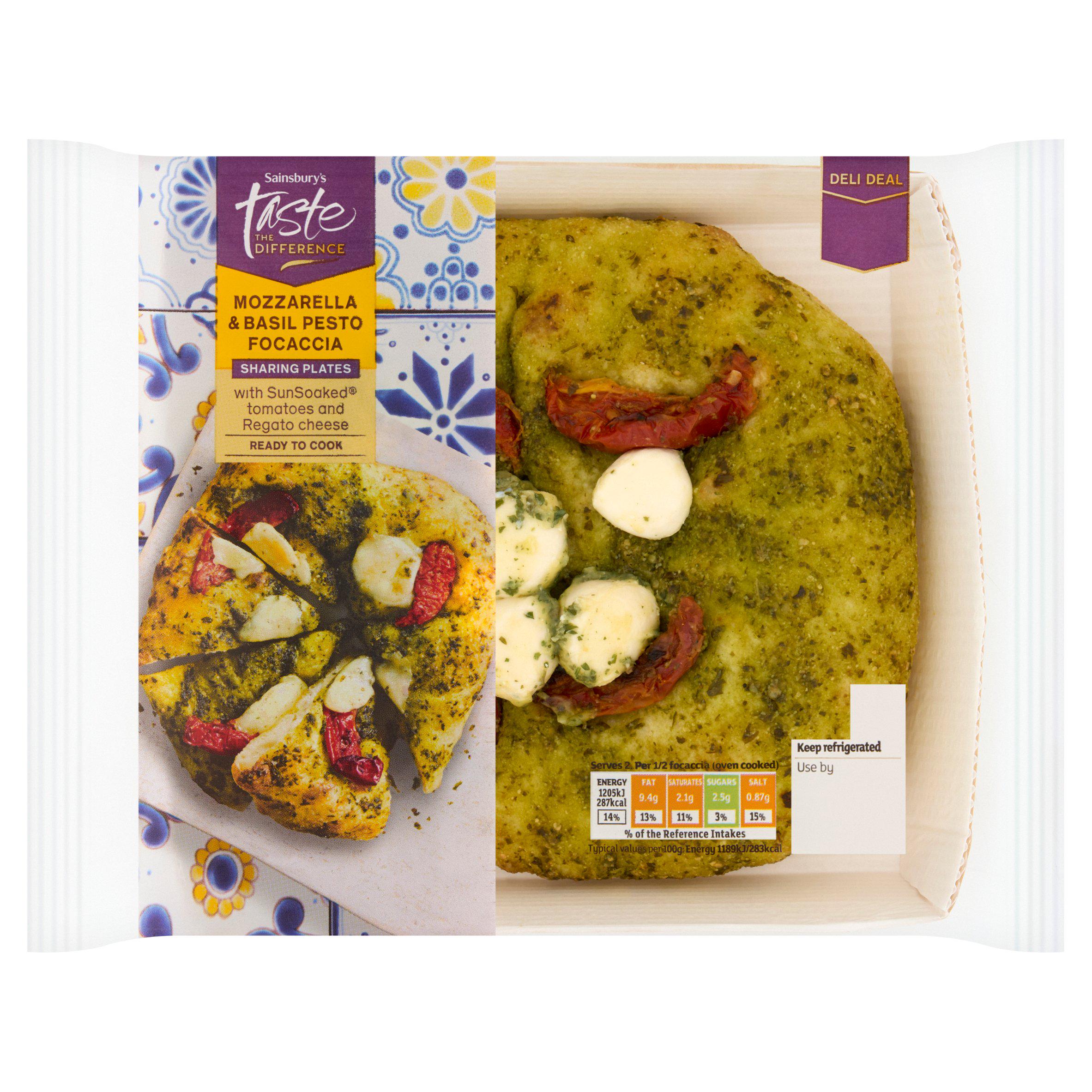 Sainsbury's Taste the Difference mozzarella basil pesto focaccia 210g, UK version
