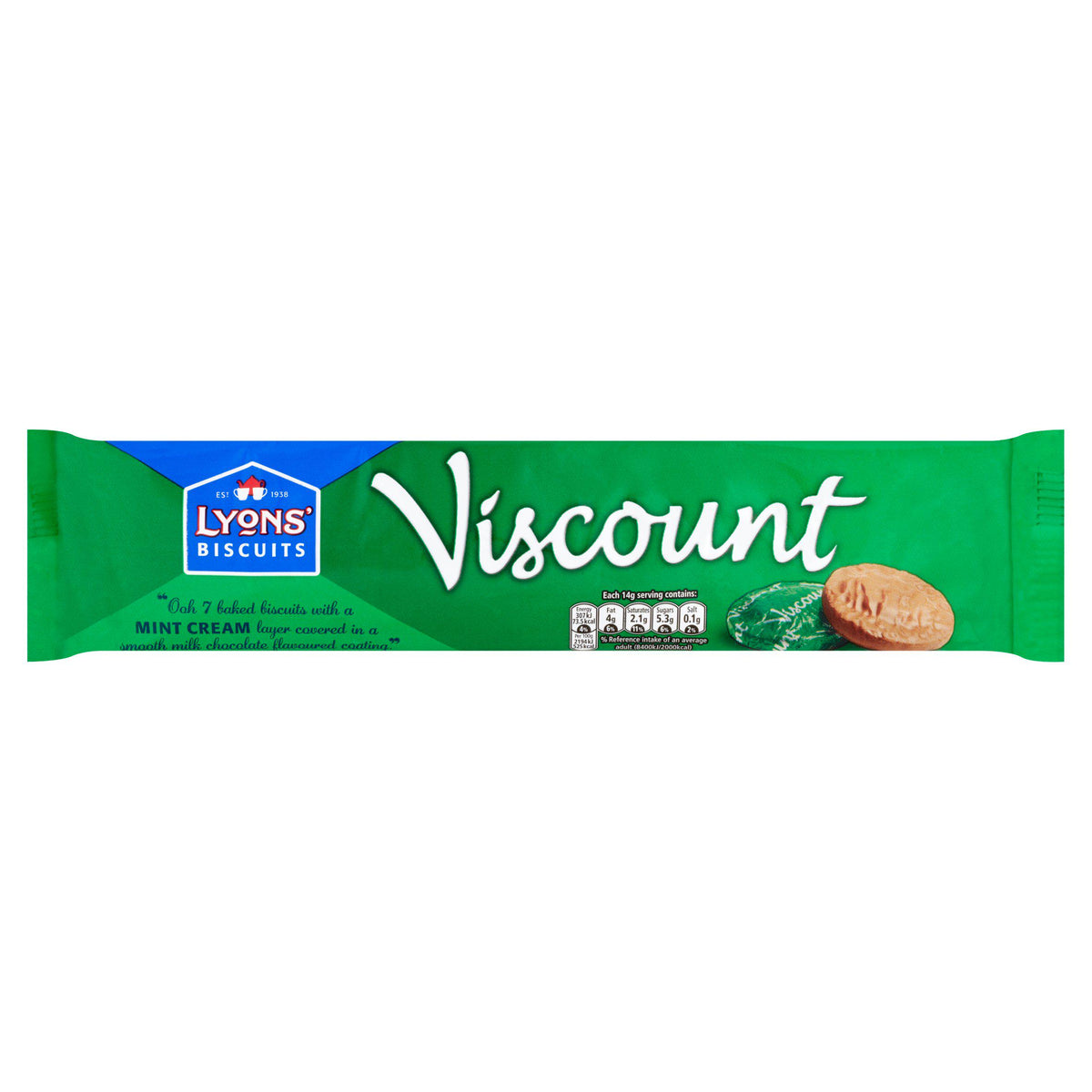 Lyons Viscount chocolate covered mint cream biscuits 98g, imported from the UK