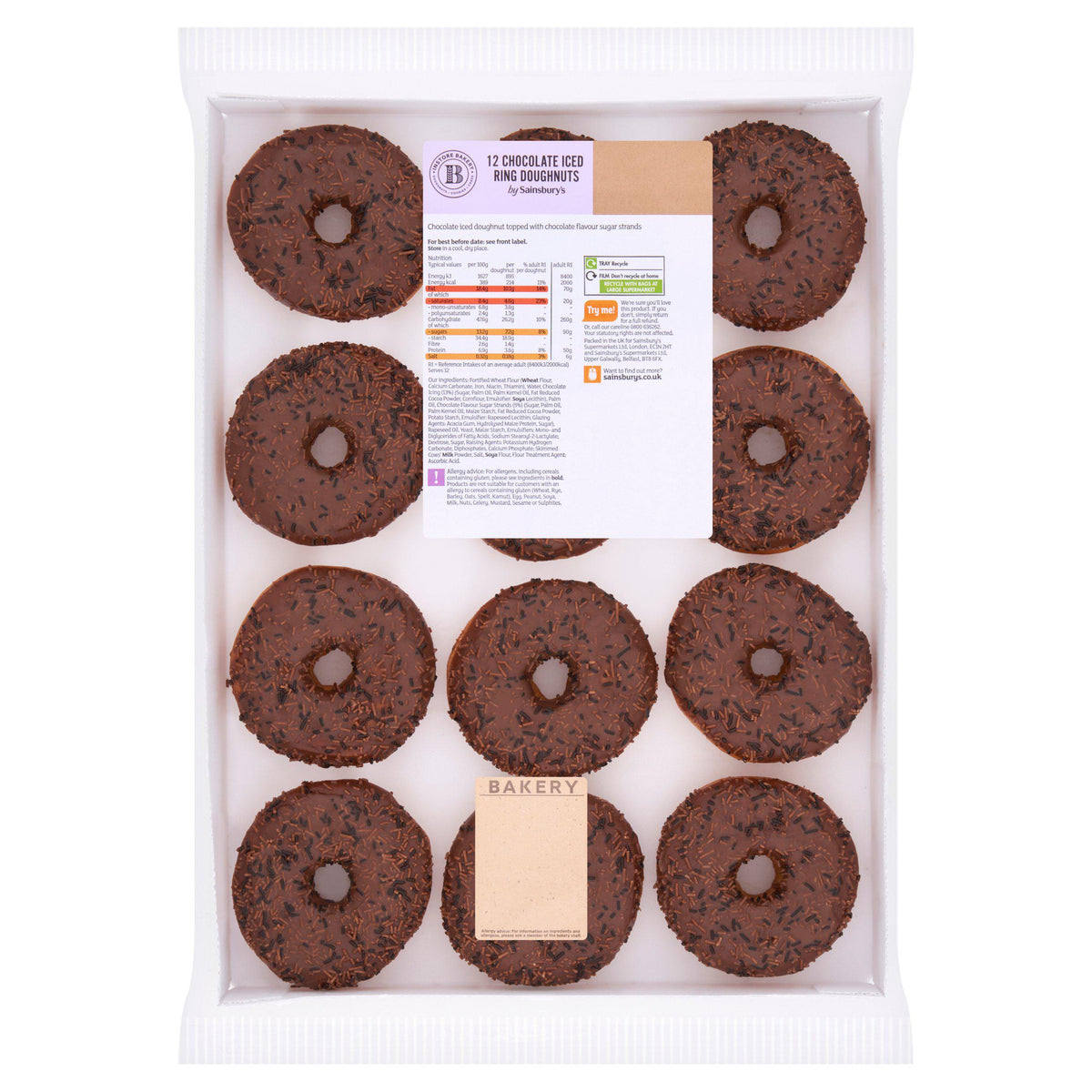 Sainsbury's chocolate iced ring doughnuts pack of 12, imported from the UK