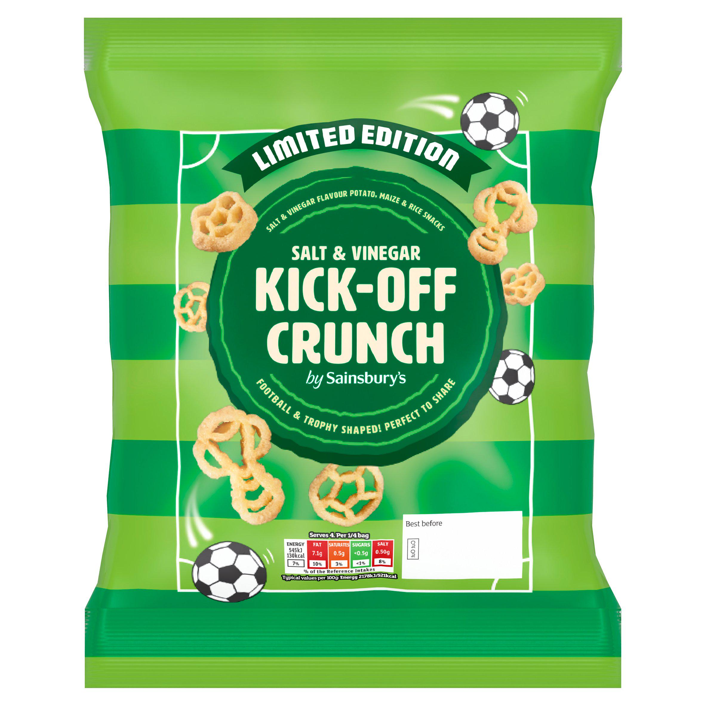 Sainsbury's salt and vinegar Kick Off Crunch crisps 100g, imported from the UK