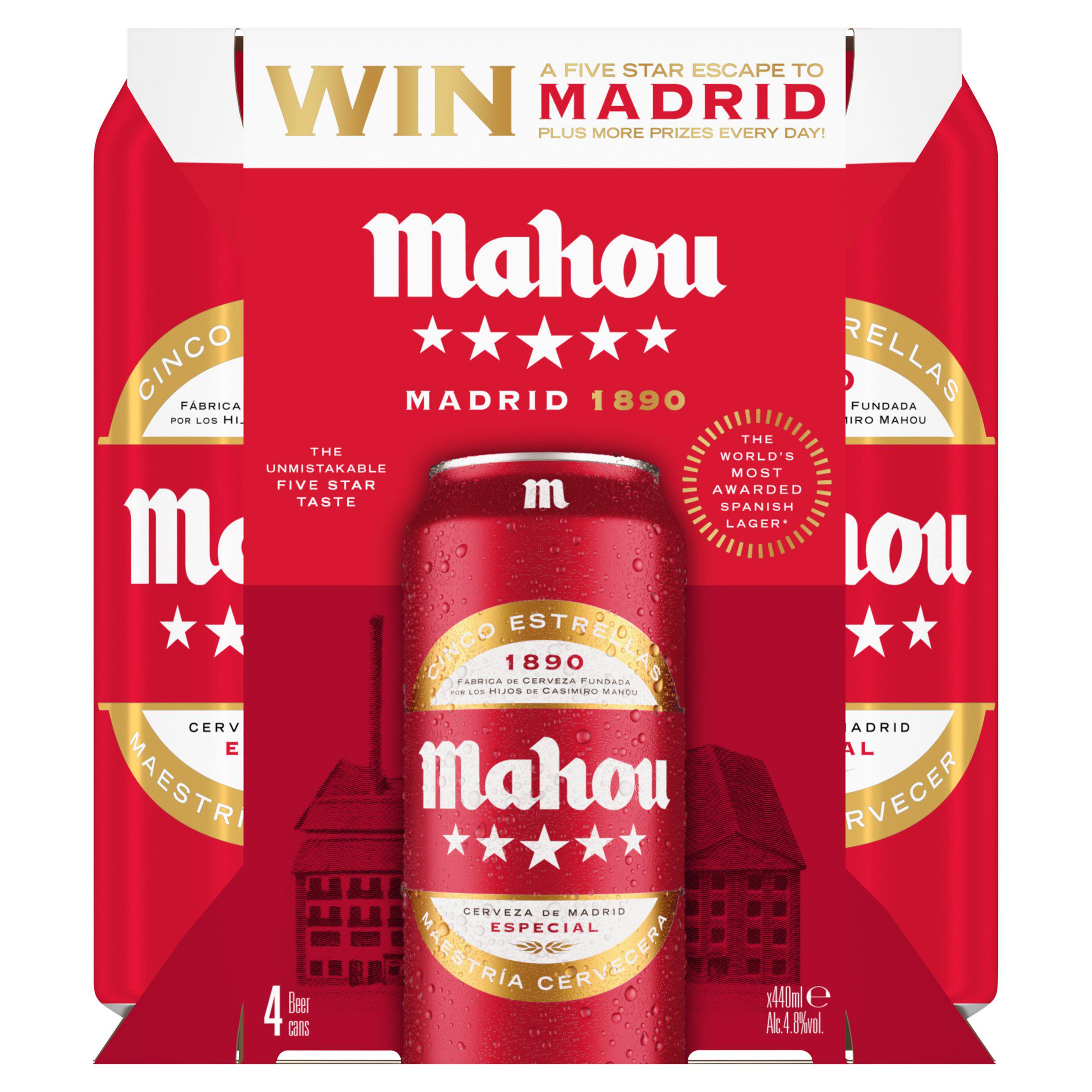 Mahou lager beer 4-pack 440ml cans (British brand)