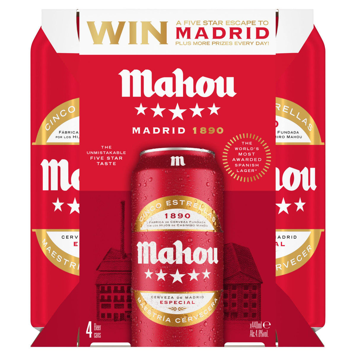 Mahou lager beer 4-pack 440ml cans (British brand)