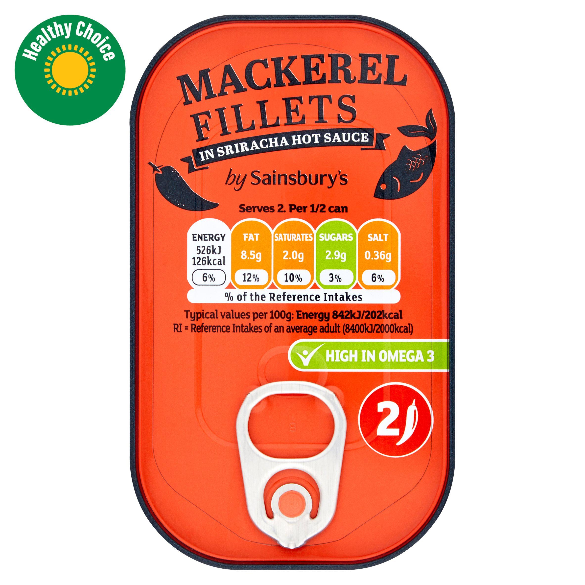 Sainsbury's mackerel fillets in sriracha hot sauce 125g, UK version