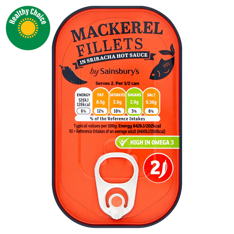 Sainsbury's mackerel fillets in sriracha hot sauce 125g, UK version