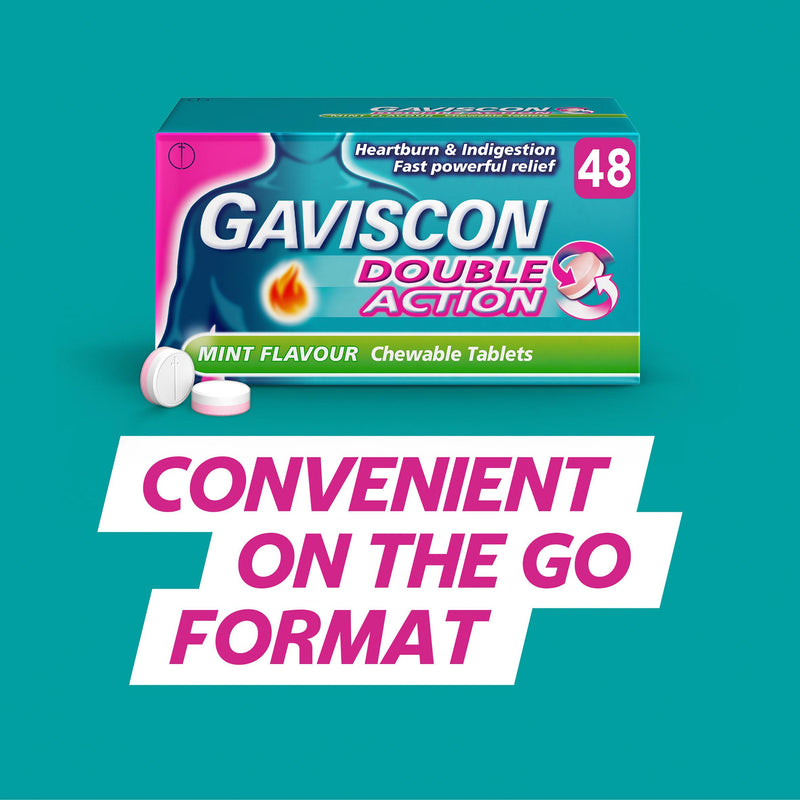 Gaviscon Double Action heartburn relief mint tablets 48 pack, imported from the UK