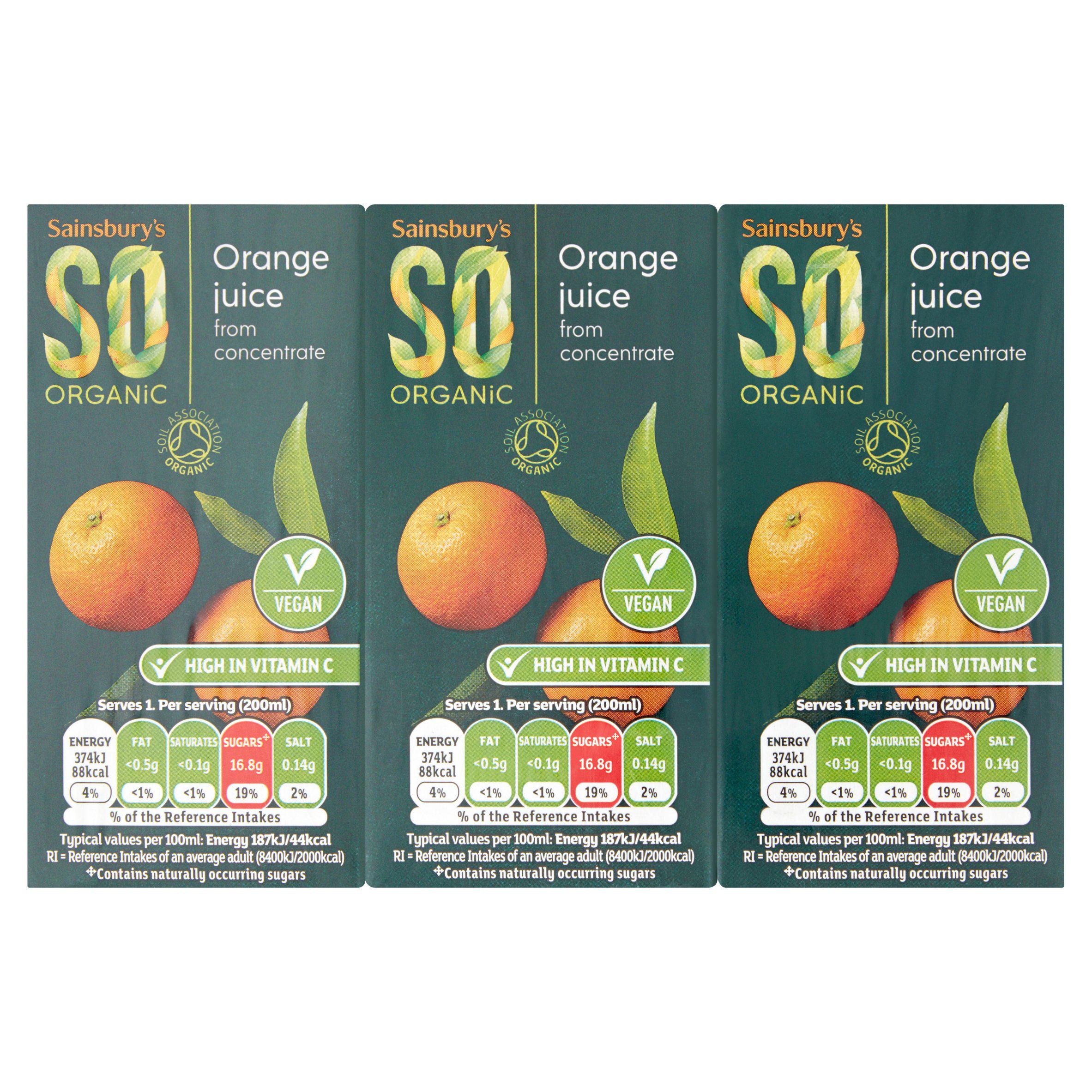 Sainsbury's SO Organic orange juice drink 3x200ml, imported from the UK
