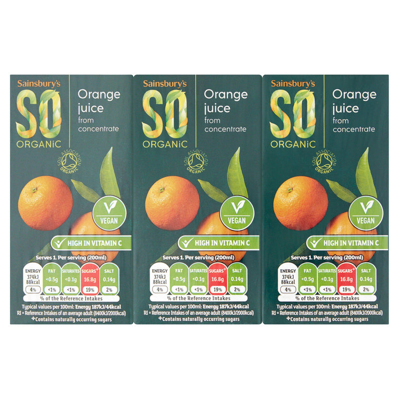 Sainsbury's SO Organic orange juice drink 3x200ml, imported from the UK