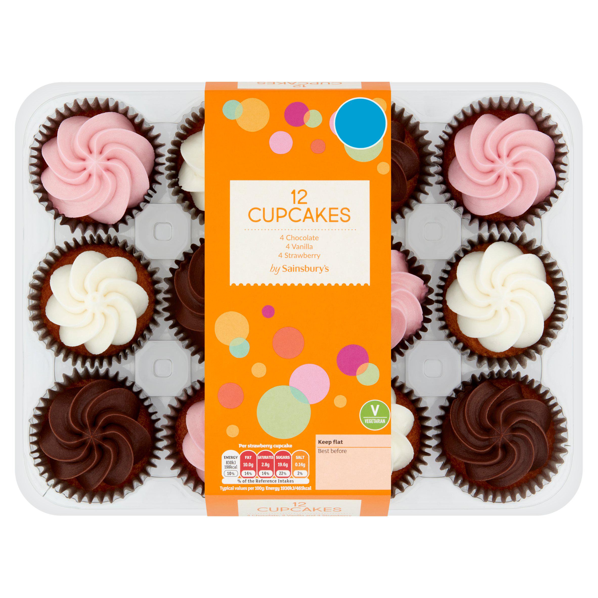 Sainsbury's vanilla sponge cupcakes with assorted frosting 12 pack 516g (British brand)