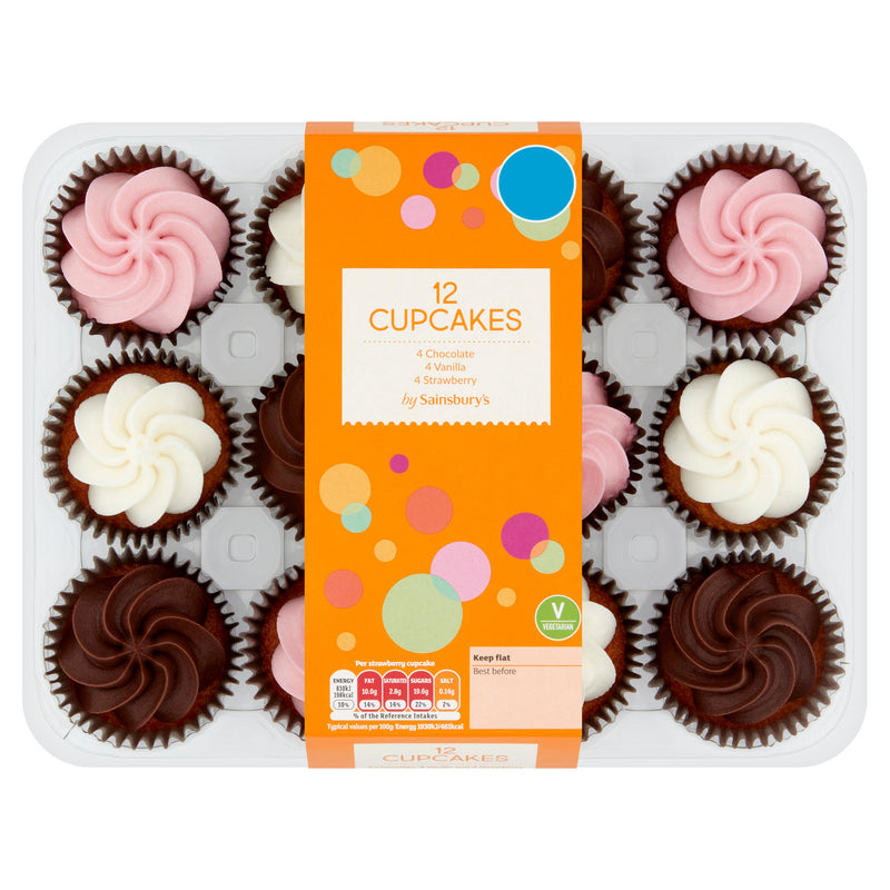 Sainsbury's vanilla sponge cupcakes with assorted frosting 12 pack 516g (British brand)