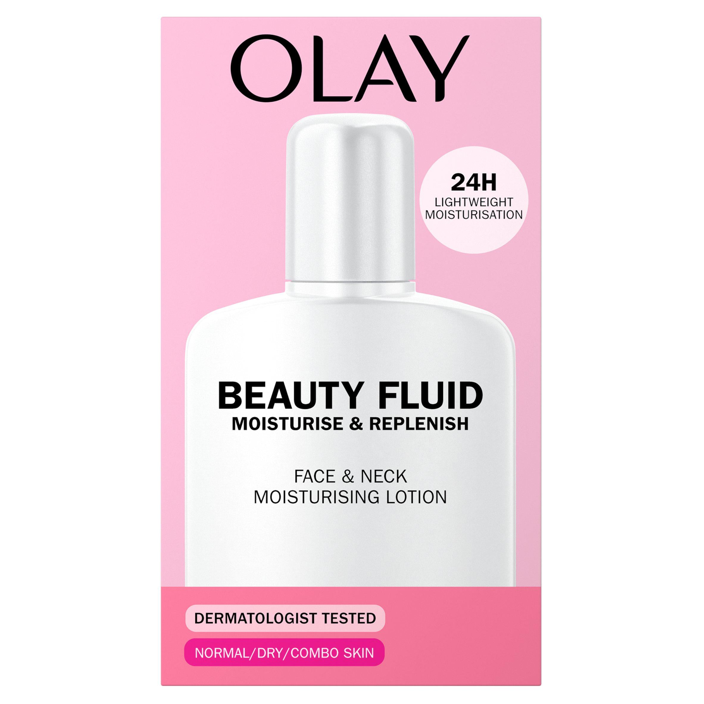 Olay Beauty Fluid face and body moisturiser 200ml, imported from the UK