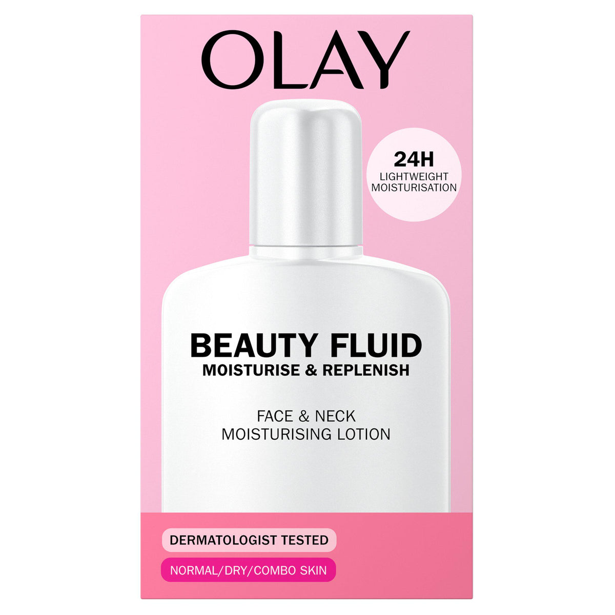 Olay Beauty Fluid face and body moisturiser 200ml, imported from the UK