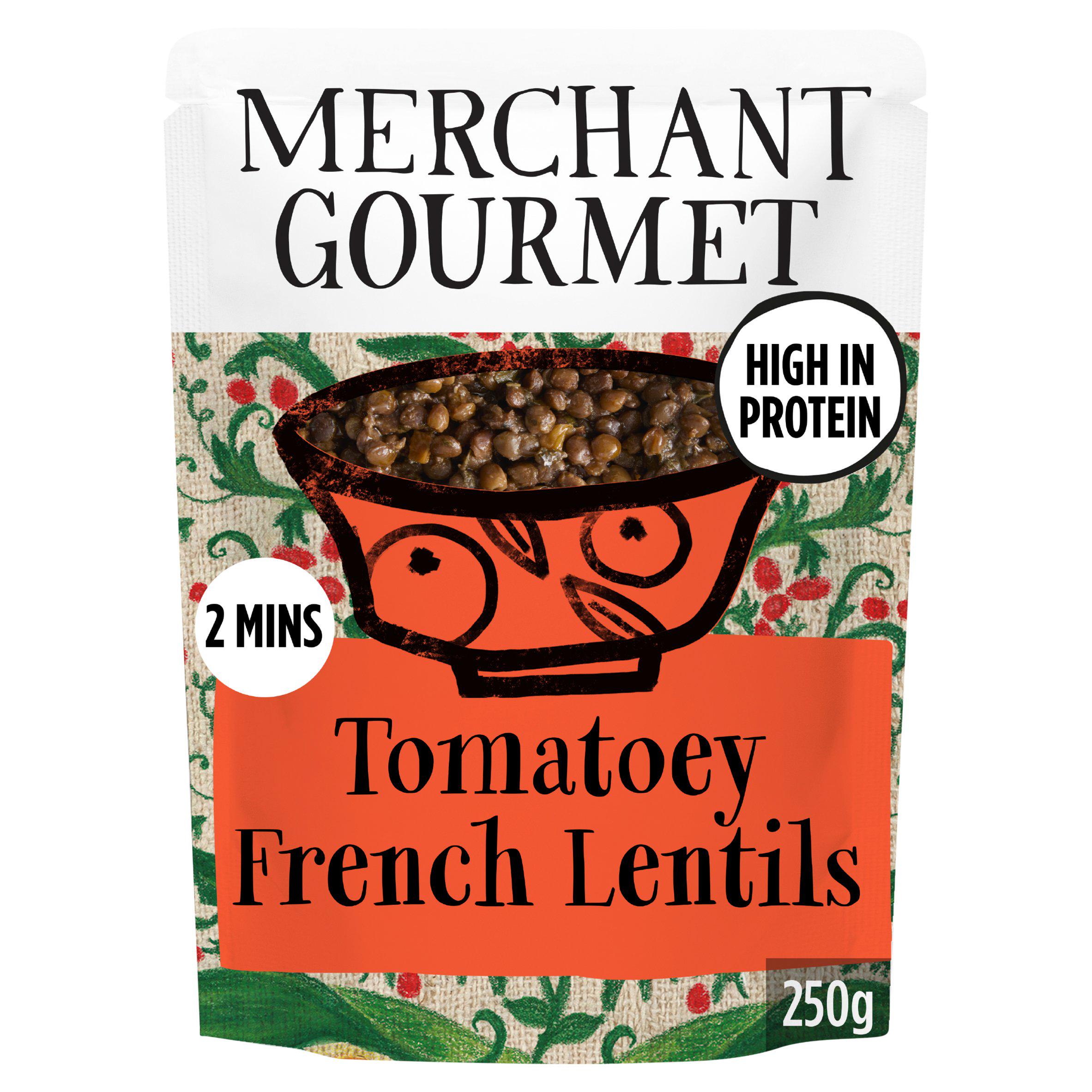 Merchant Gourmet Tomatoey French Puy & Green lentil pouch 250g, UK version
