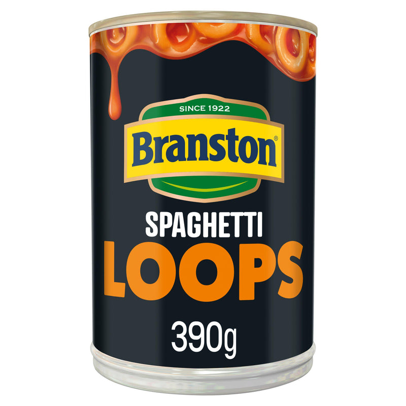 Branston spaghetti loops in tomato sauce 395g, imported from the UK