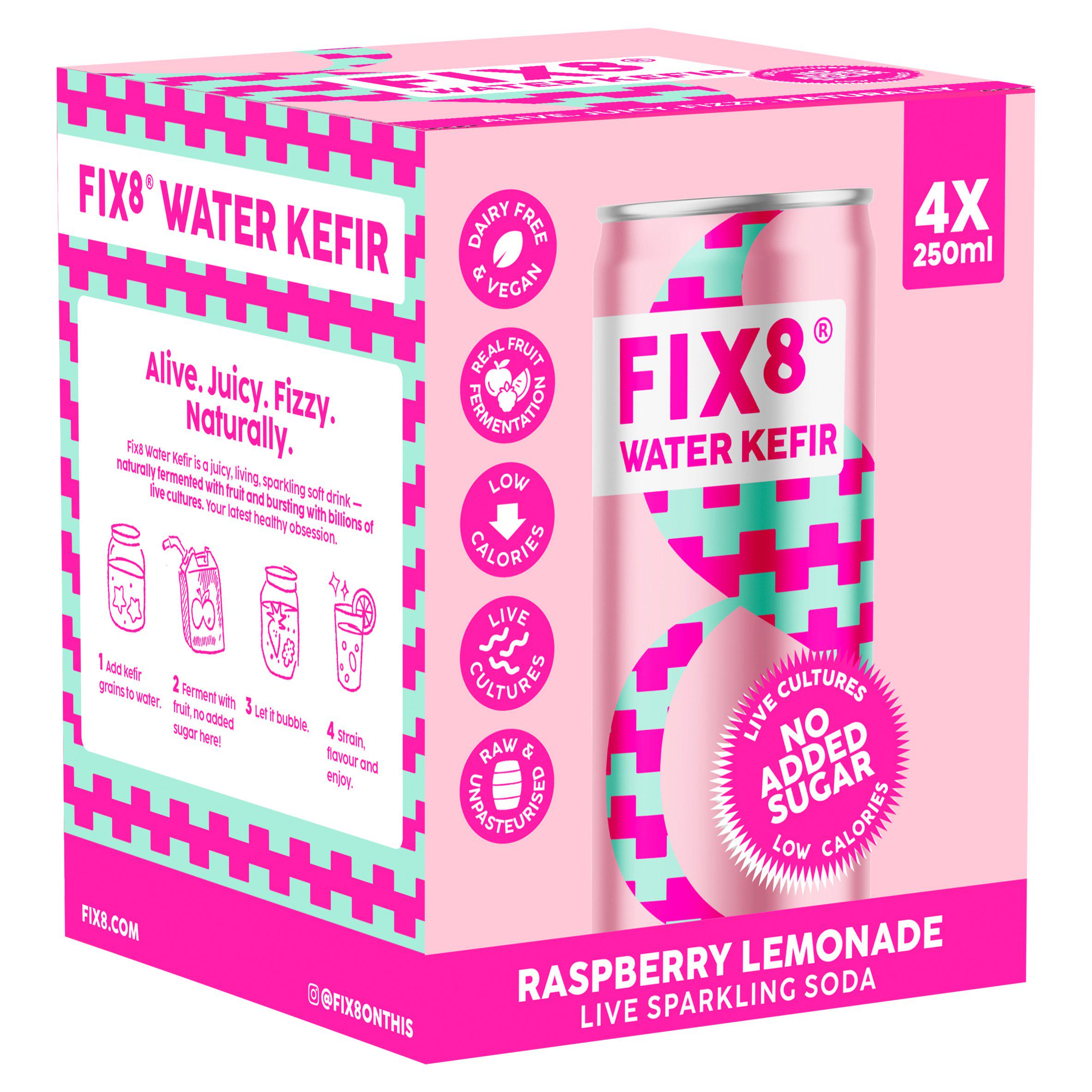 Fix8 water kefir raspberry lemonade 4 pack 250ml - British product