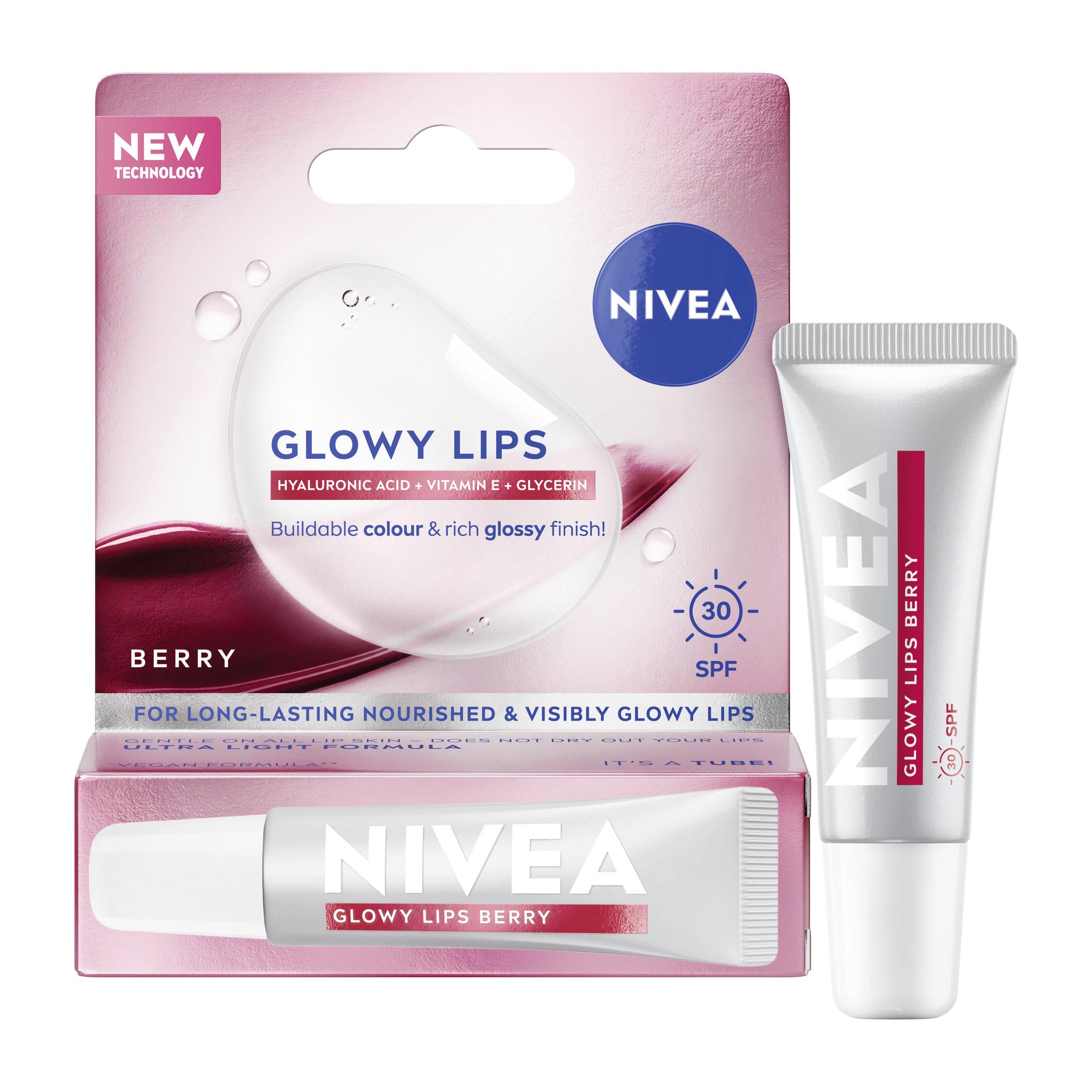 Nivea Glowy Berry lip balm 10ml SPF30, imported from the UK