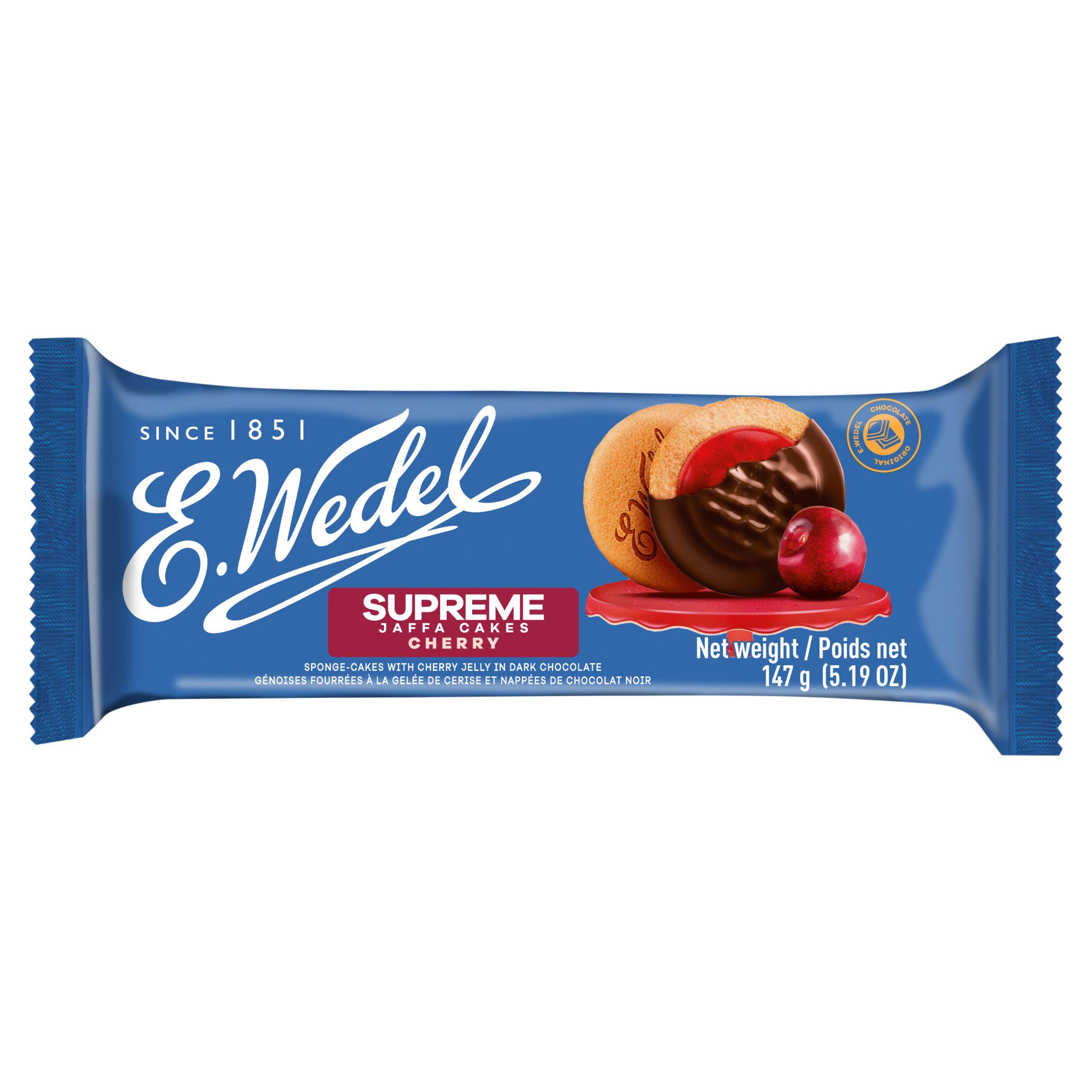 E. Wedel Supreme Jaffa Cakes cherry jelly dark chocolate 147g, imported from the UK