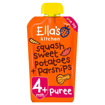Sainsburys Ella's Kitchen Organic Squash, Sweet Potato + Parsnip Baby Food Pouch 4+ Months 120g- Buy online at McGrocer