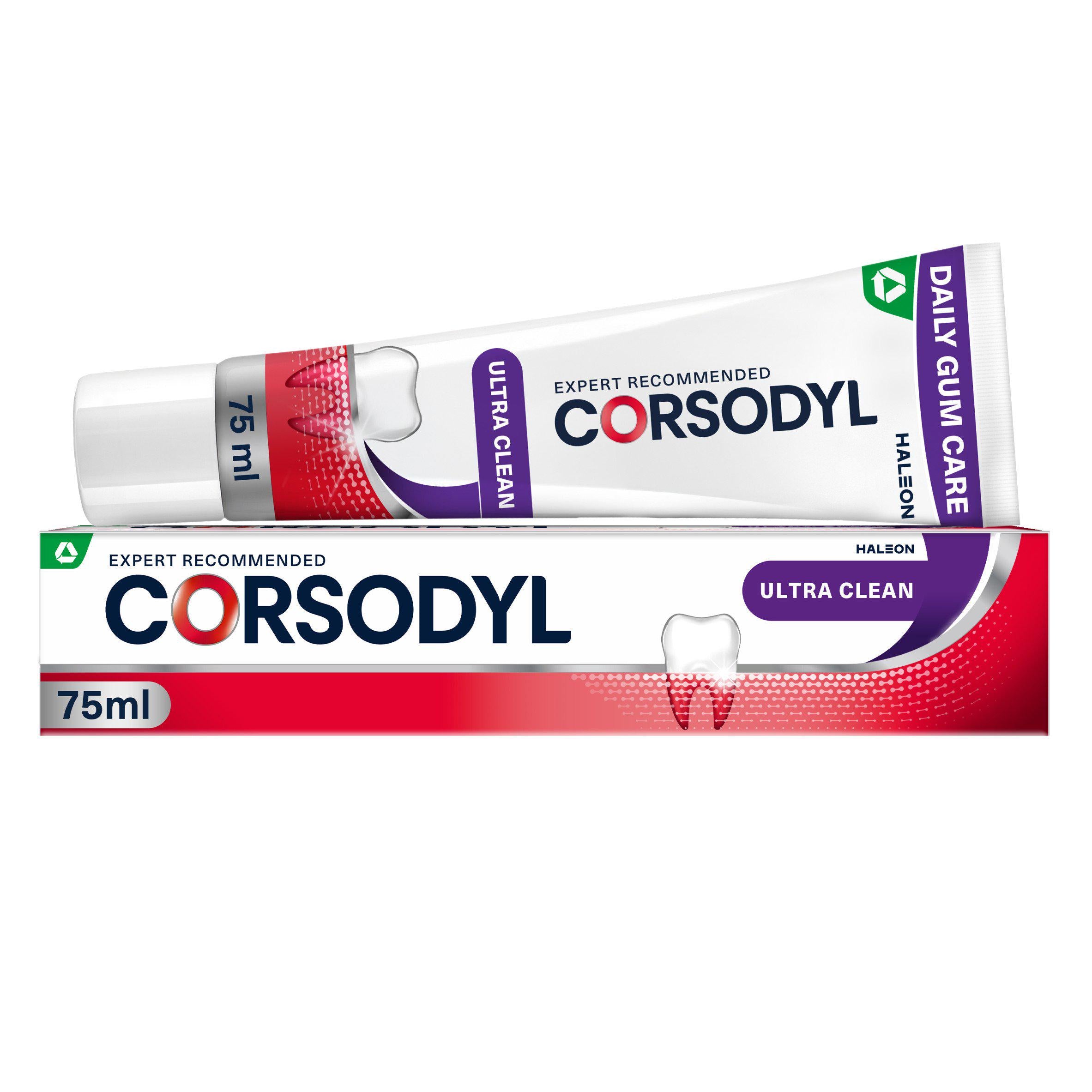 Corsodyl Ultra Clean gum care toothpaste 75ml, UK version