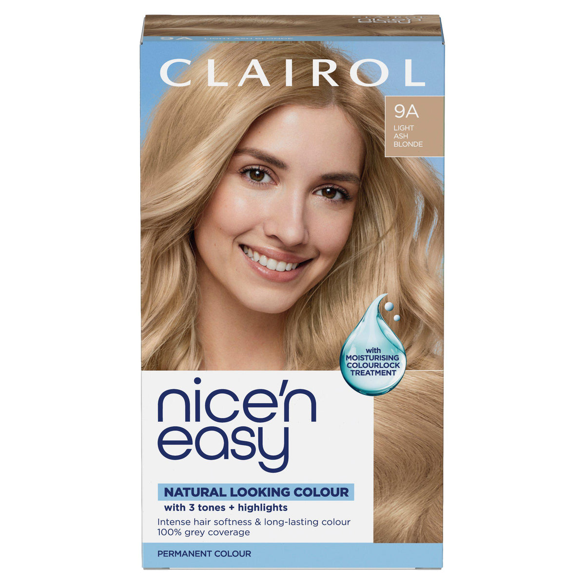 Clairol Nice'N Easy light ash blonde 9A permanent hair dye, imported from the UK
