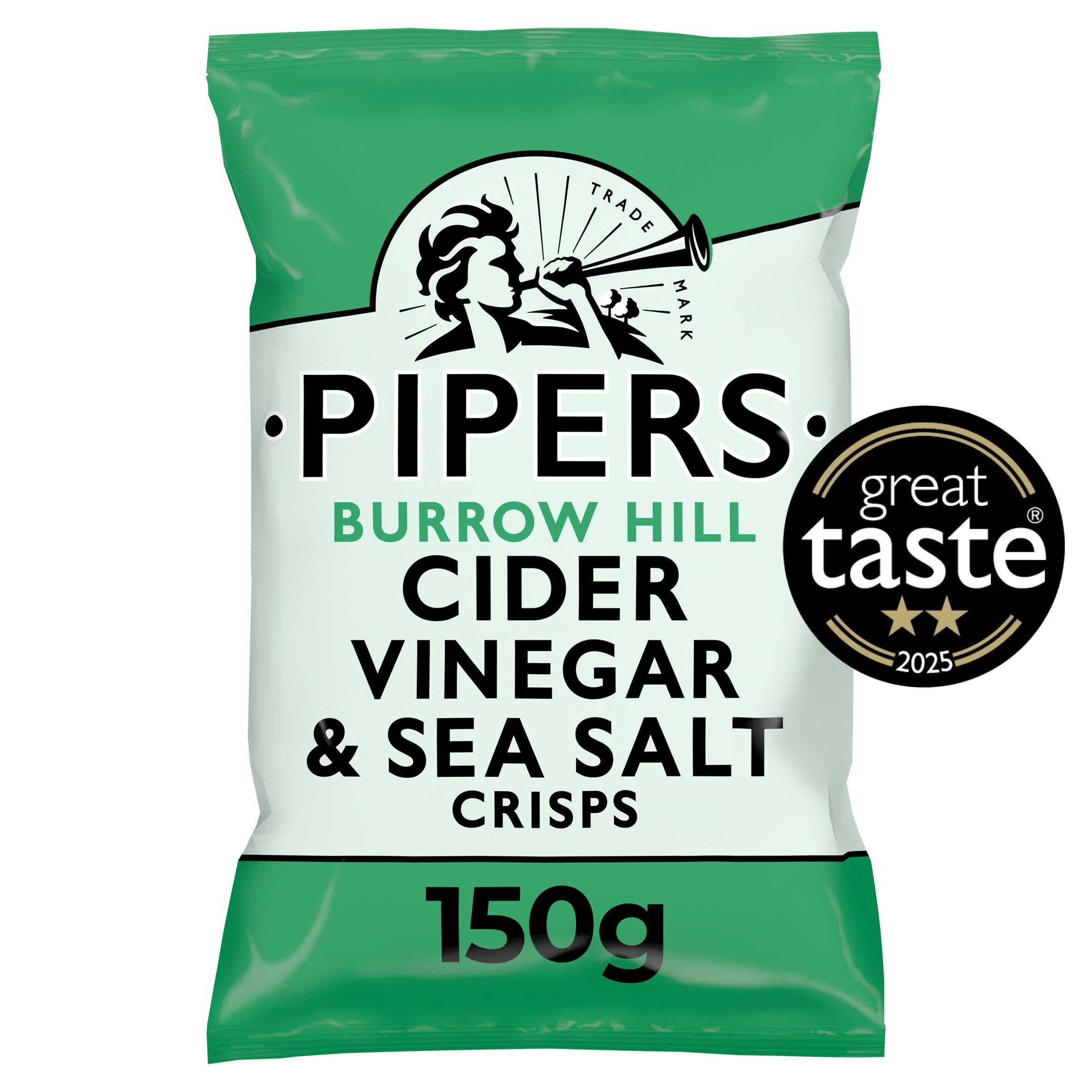 Pipers cider vinegar and sea salt crisps 150g, imported from the UK