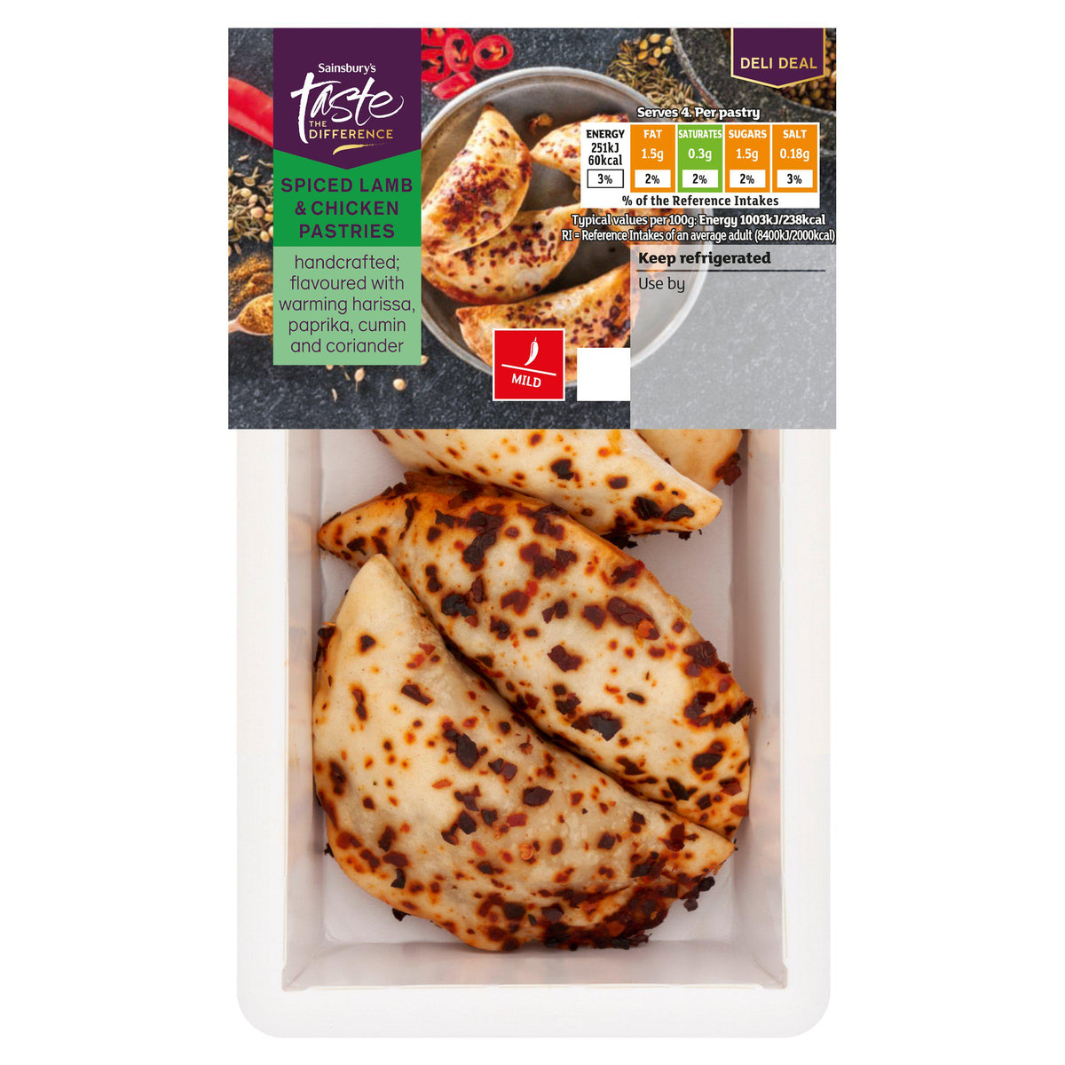 Sainsbury's spiced lamb and chicken pastries 100g (British brand)