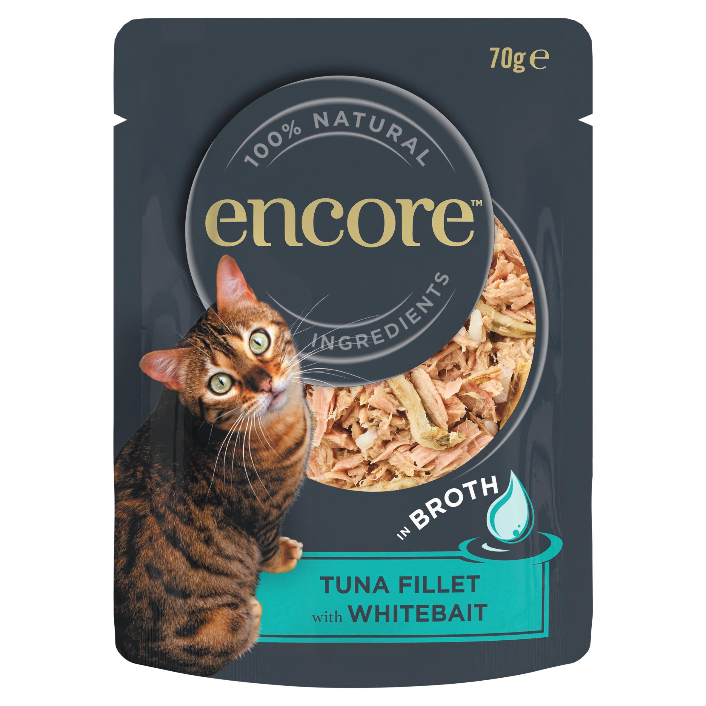 Encore cat food tuna whitebait in broth 70g (British brand)