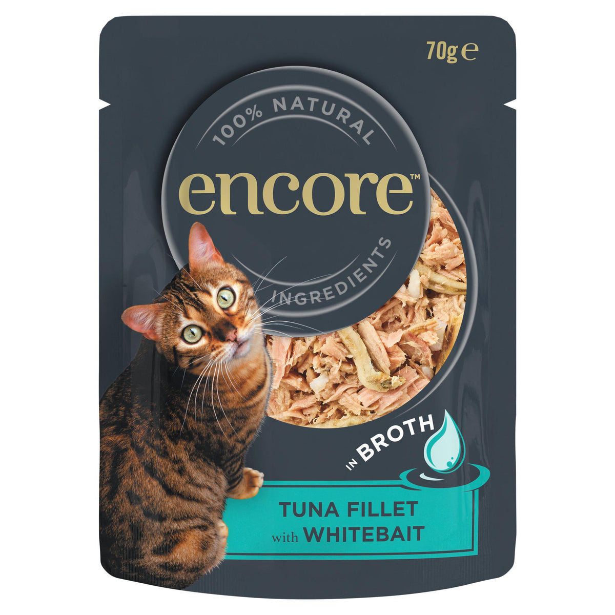 Encore cat food tuna whitebait in broth 70g (British brand)