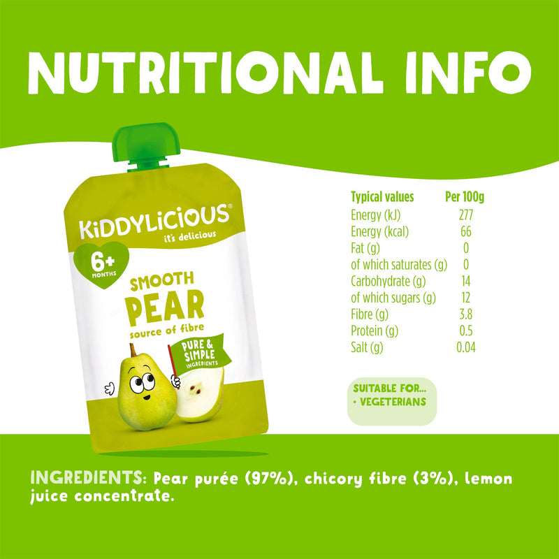 Kiddylicious smooth pear pouch baby food 100g, UK version