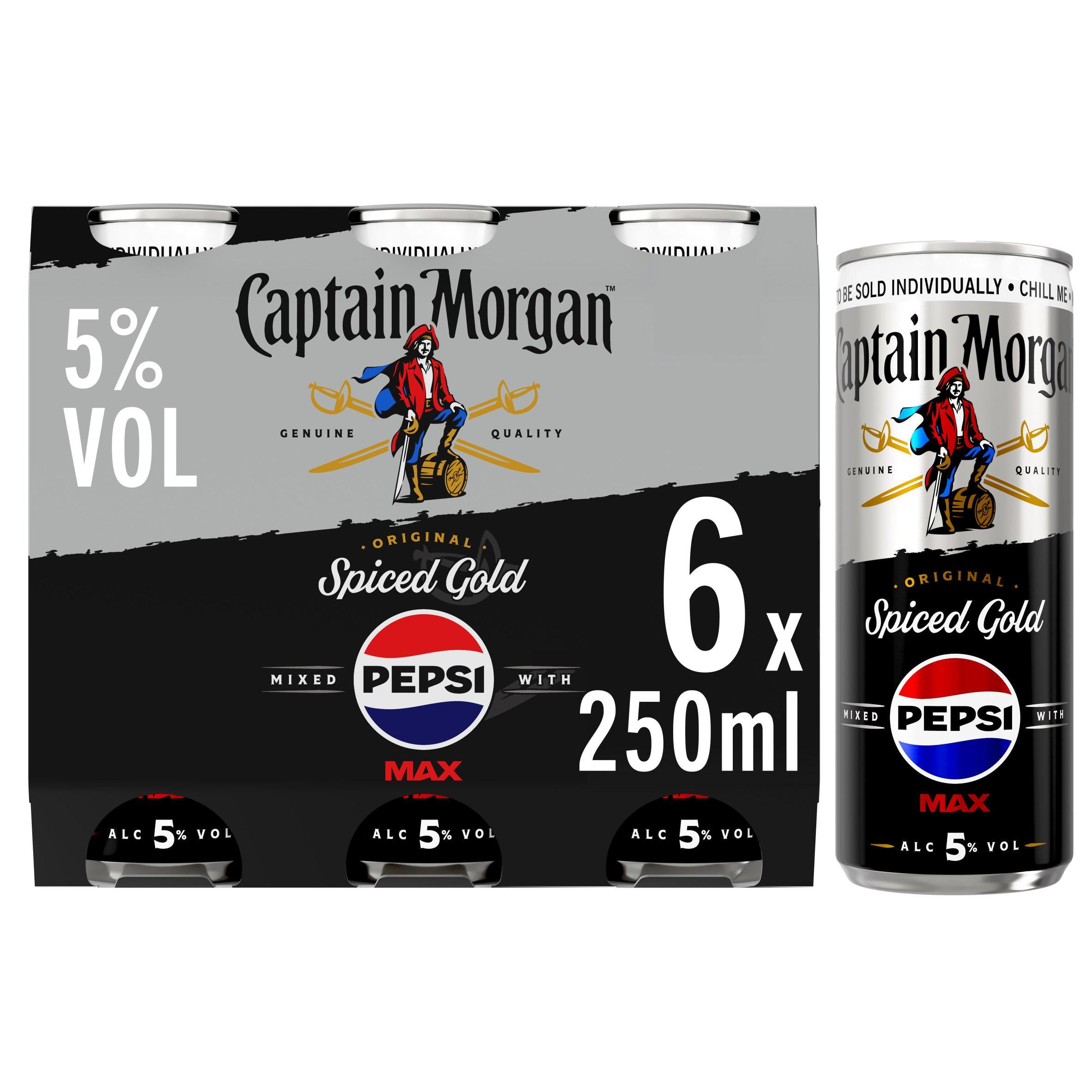 Captain Morgan ready to drink rum Spiced Gold & Pepsi Max 6x250ml (British brand)