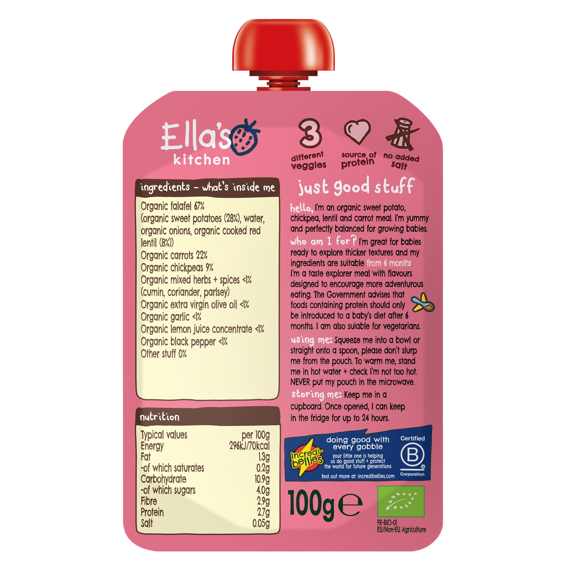 Ella's Kitchen organic sweet potato falafel baby food pouch 100g, imported from the UK