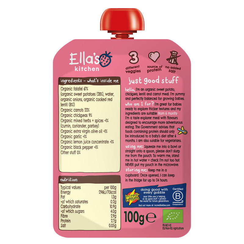 Ella's Kitchen organic sweet potato falafel baby food pouch 100g, imported from the UK