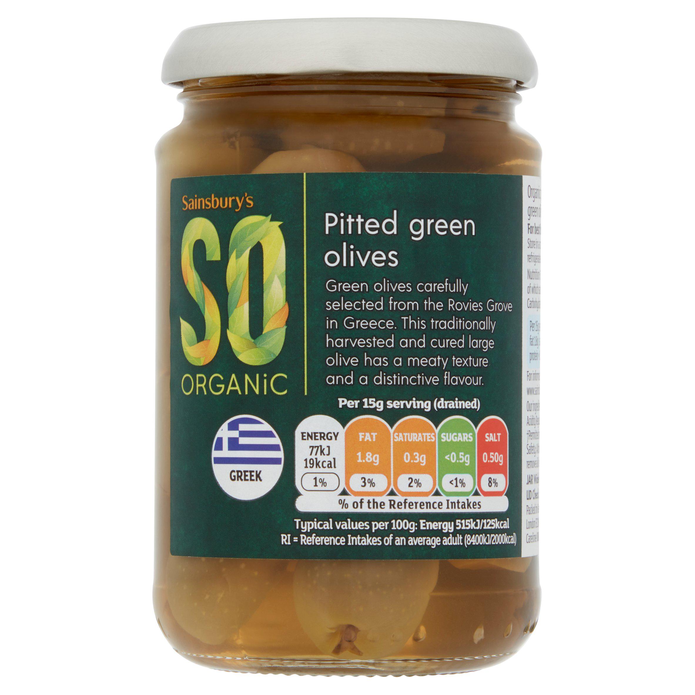 Sainsbury's organic pitted green olives 290g, imported from the UK