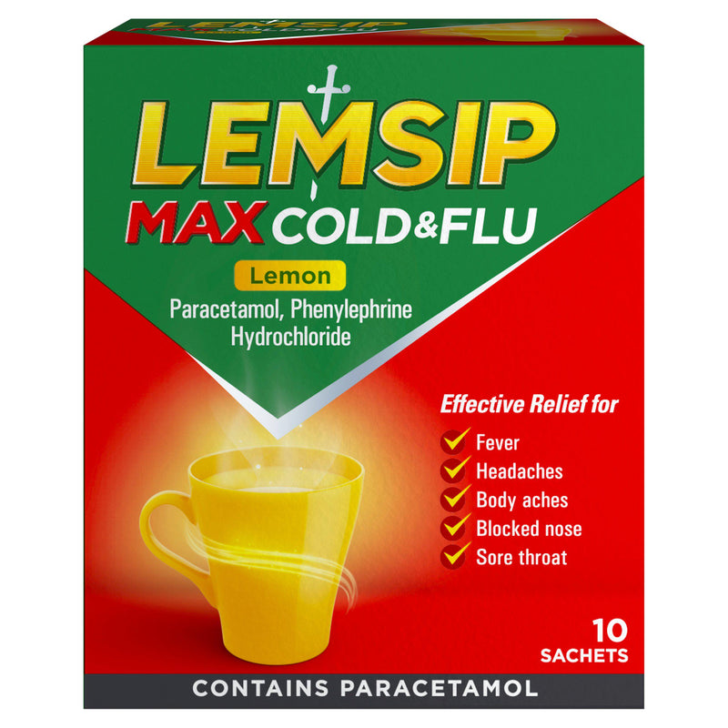 Lemsip Lemon Max cold and flu remedy sachets 10 count, imported from the UK