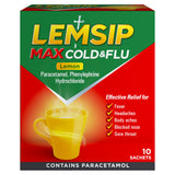 Lemsip Lemon Max cold and flu remedy sachets 10 count, imported from the UK
