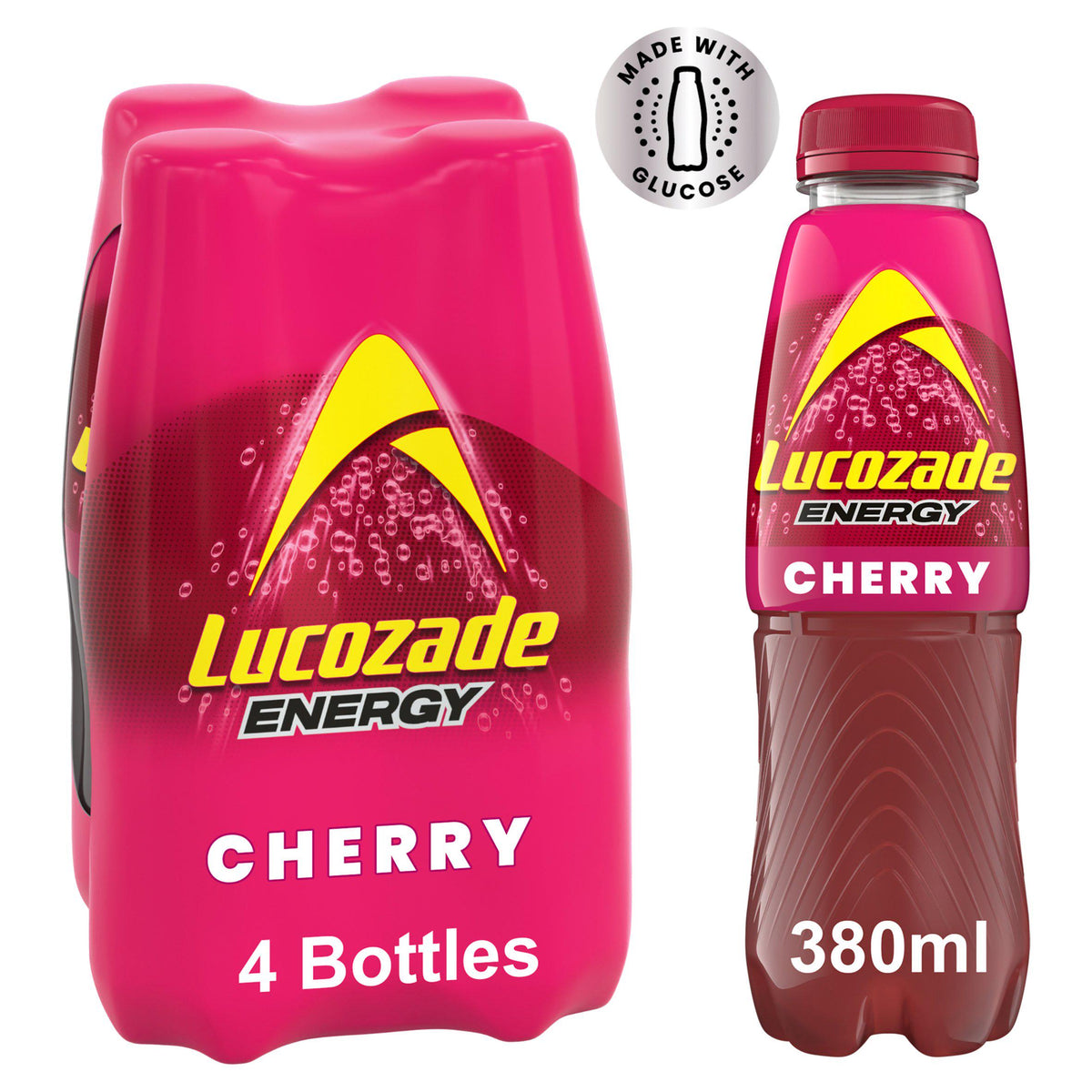Lucozade Energy Cherry 4x380ml pack, imported from the UK