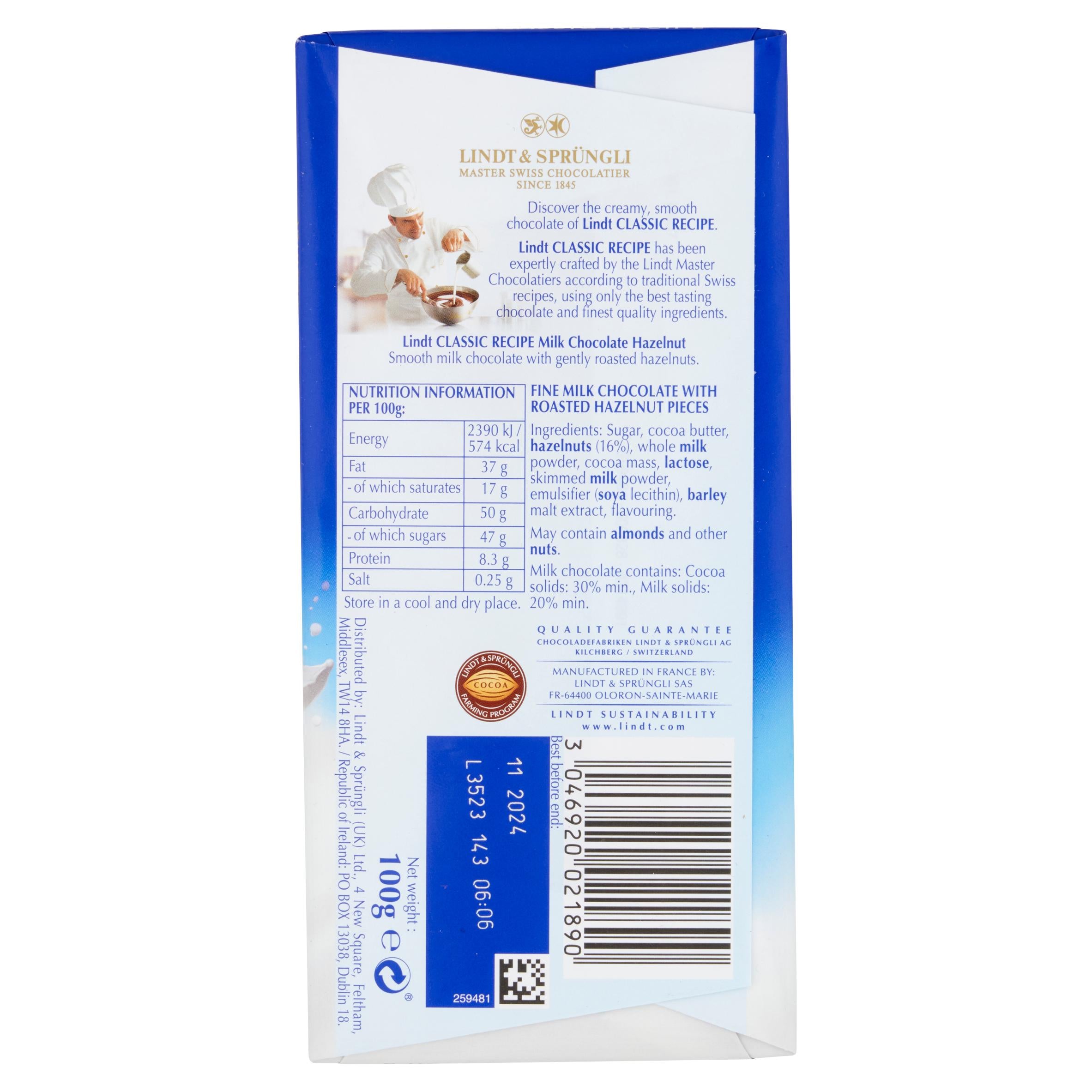 Lindt milk hazelnut chocolate bar 100g - British product