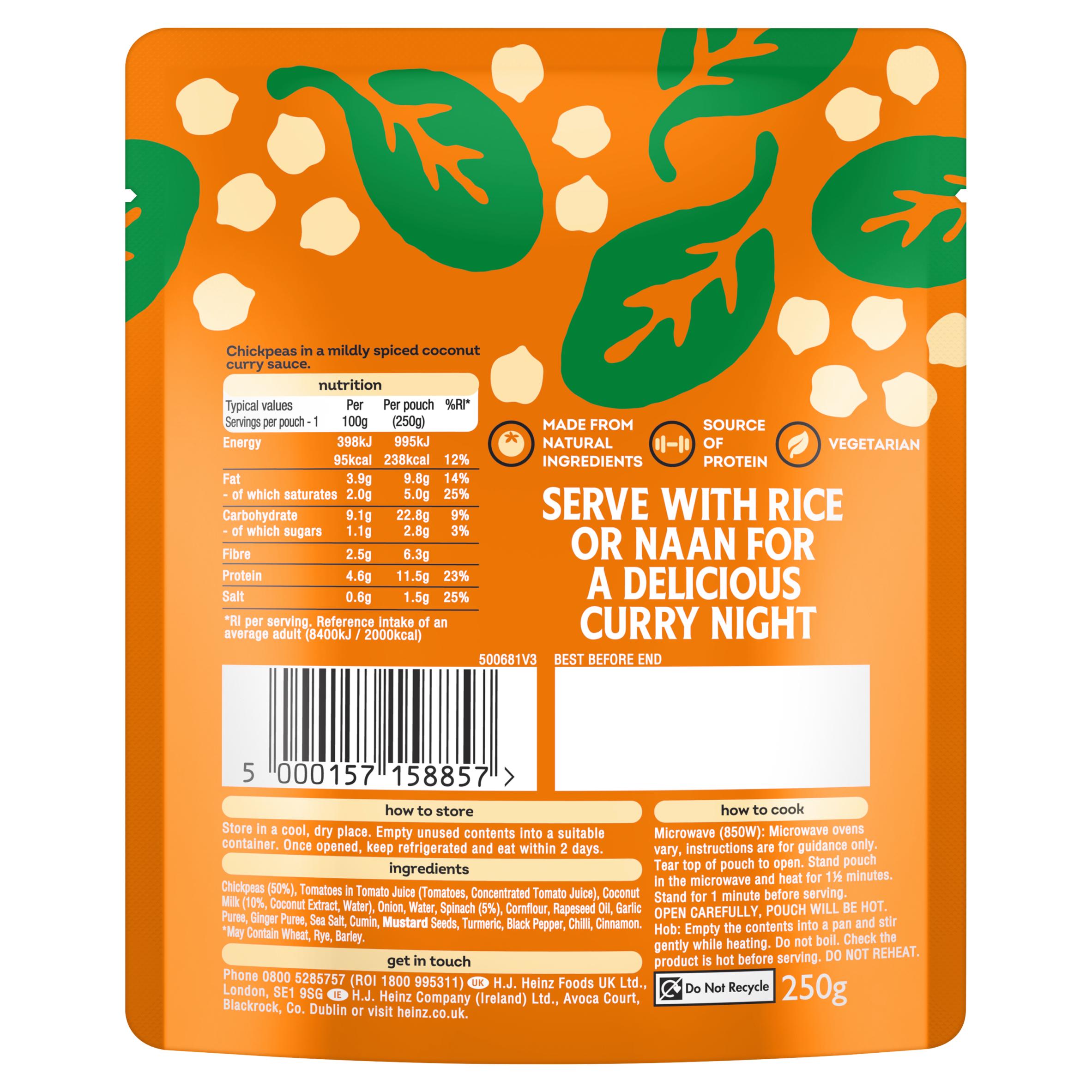 Heinz Curry Chickpeas with Coconut & Spinach pouch 250g, imported from the UK