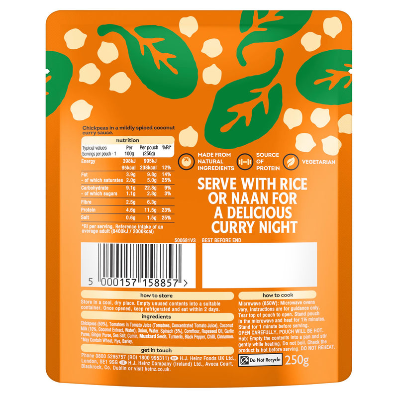 Heinz Curry Chickpeas with Coconut & Spinach pouch 250g, imported from the UK