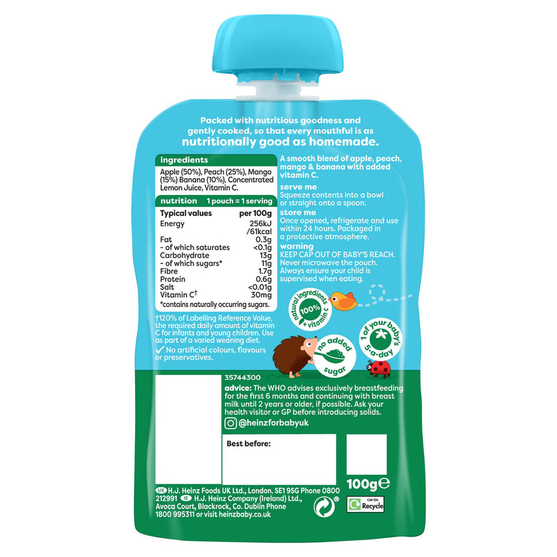 Heinz fruit puree apple peach mango banana 100g, UK version