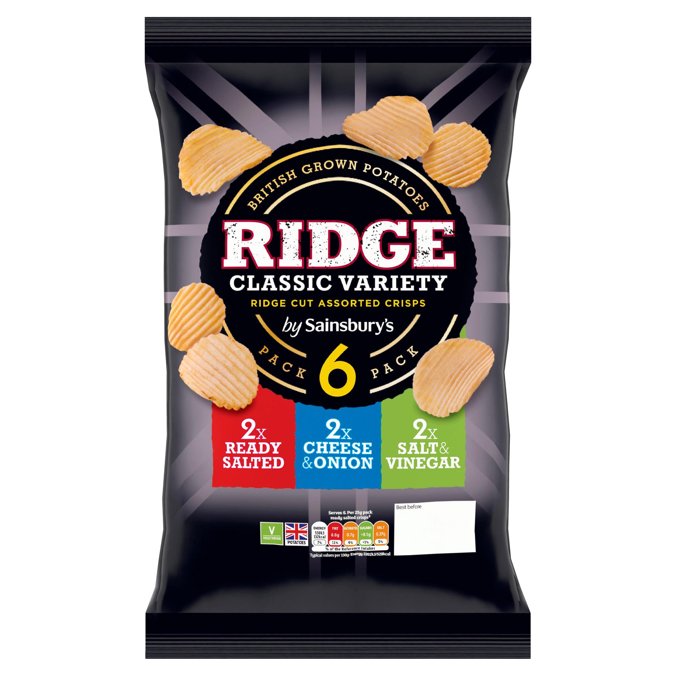 Sainsbury's variety ridged crisps multipack 6x25g (British brand)