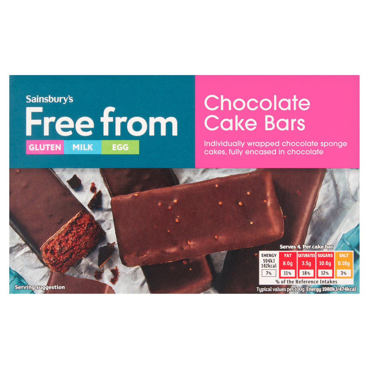 Sainsbury's free from chocolate cake bars x4 120g, imported from the UK