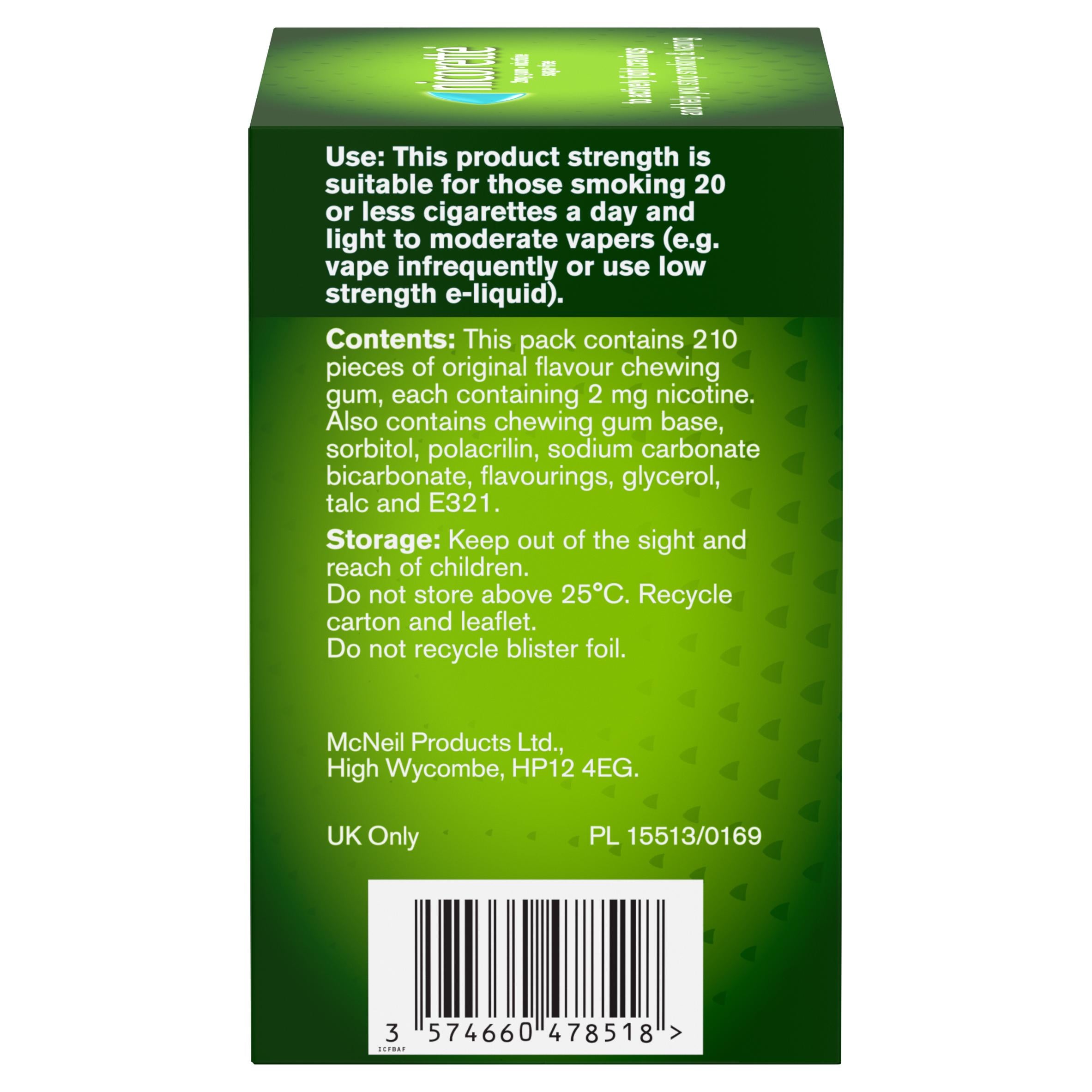 Nicorette gum original flavour 2mg 210 pieces, imported from the UK