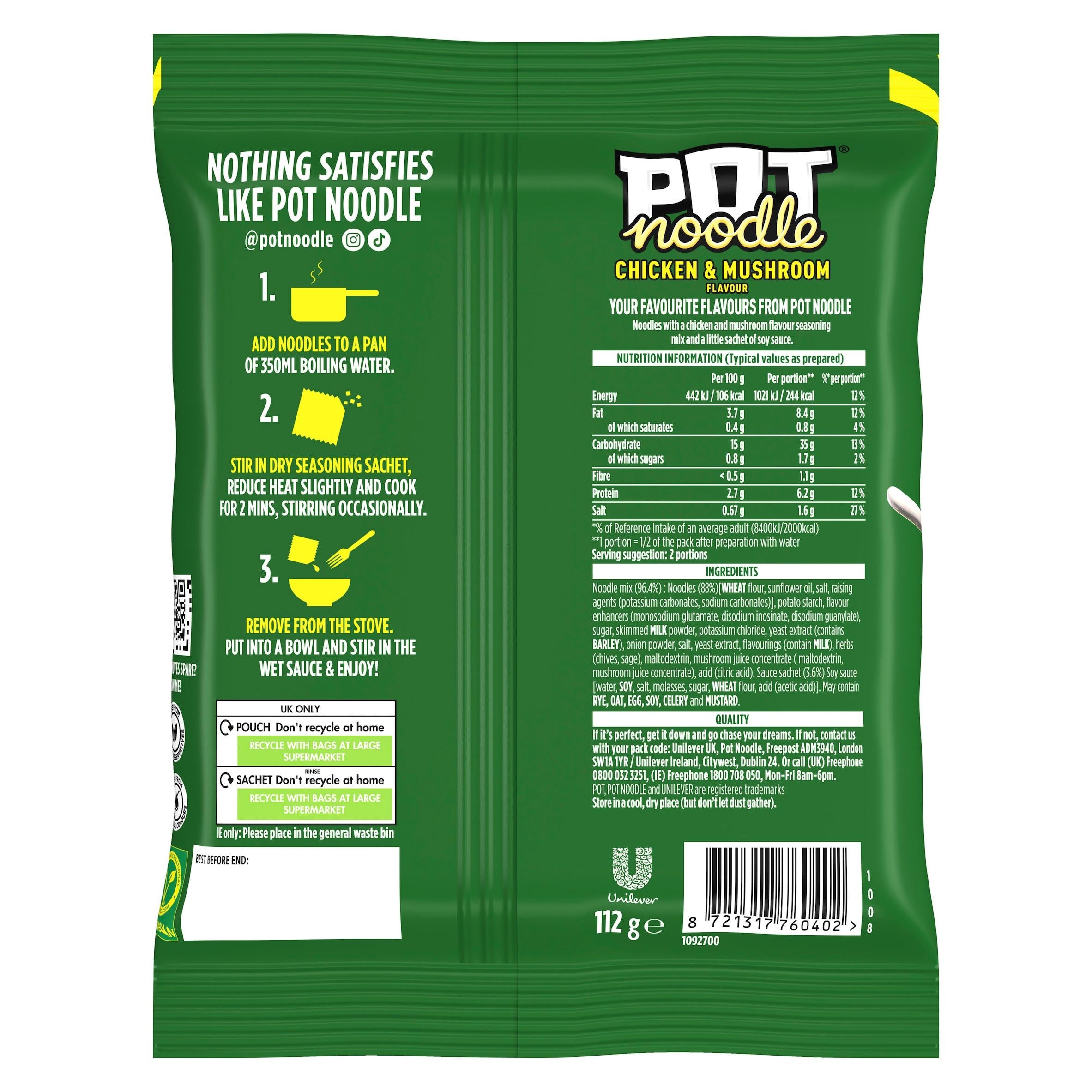 Pot Noodle instant chicken and mushroom noodles block 112g, UK version