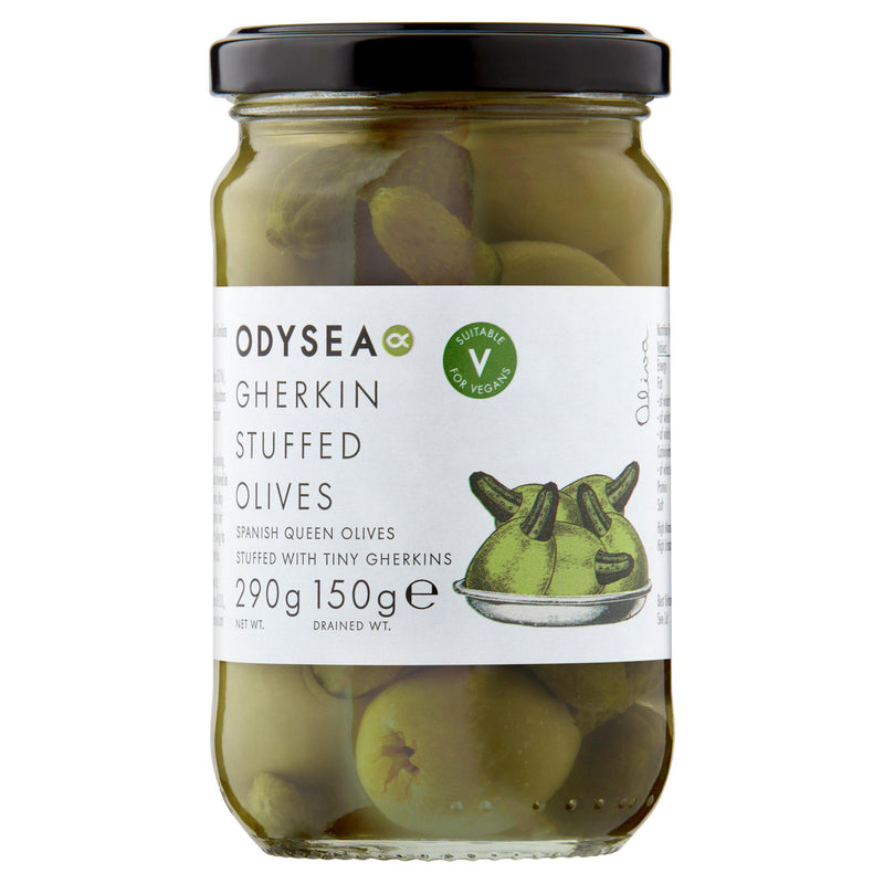 Odysea stuffed olives with gherkins 290g, imported from the UK