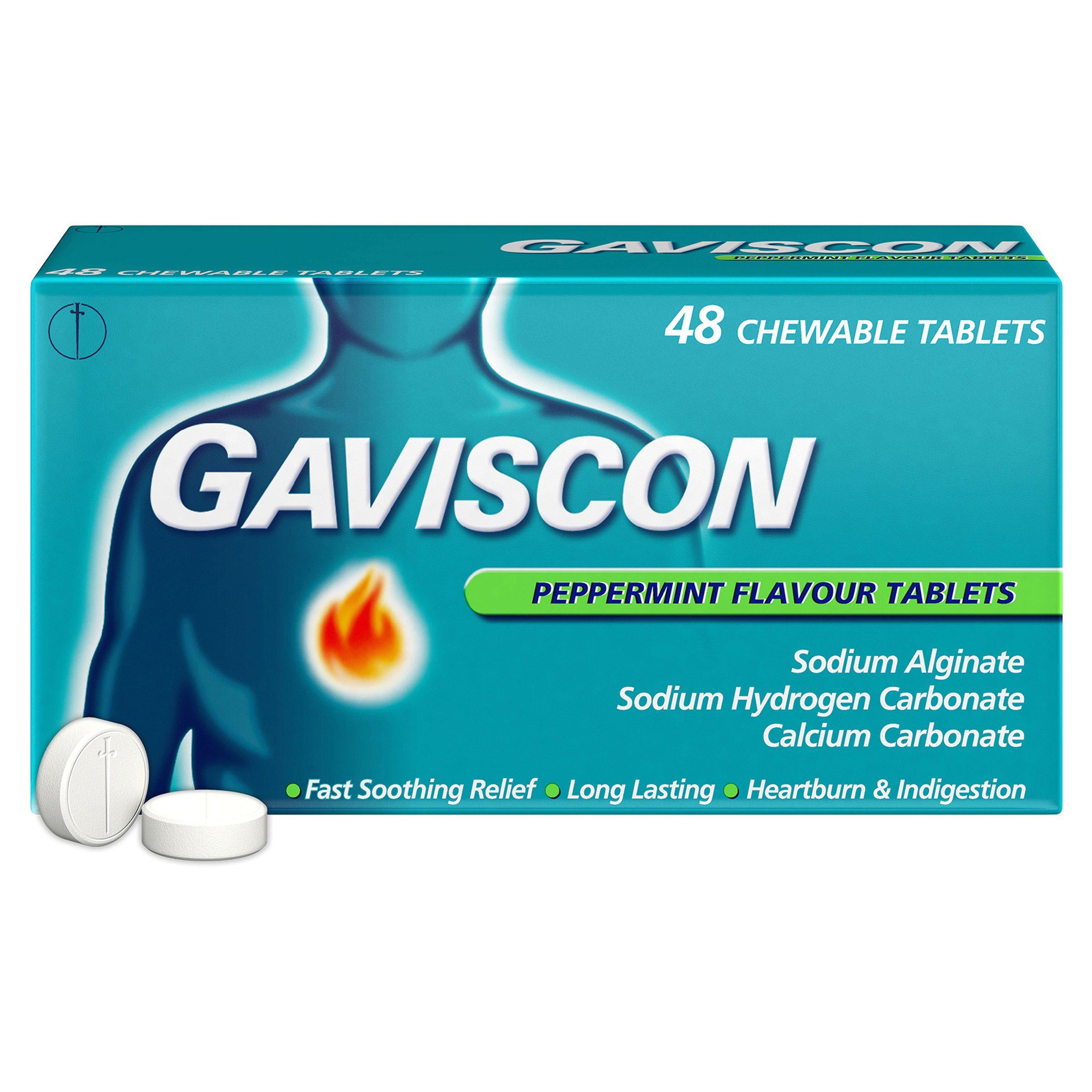 Gaviscon heartburn relief peppermint tablets x48, UK version