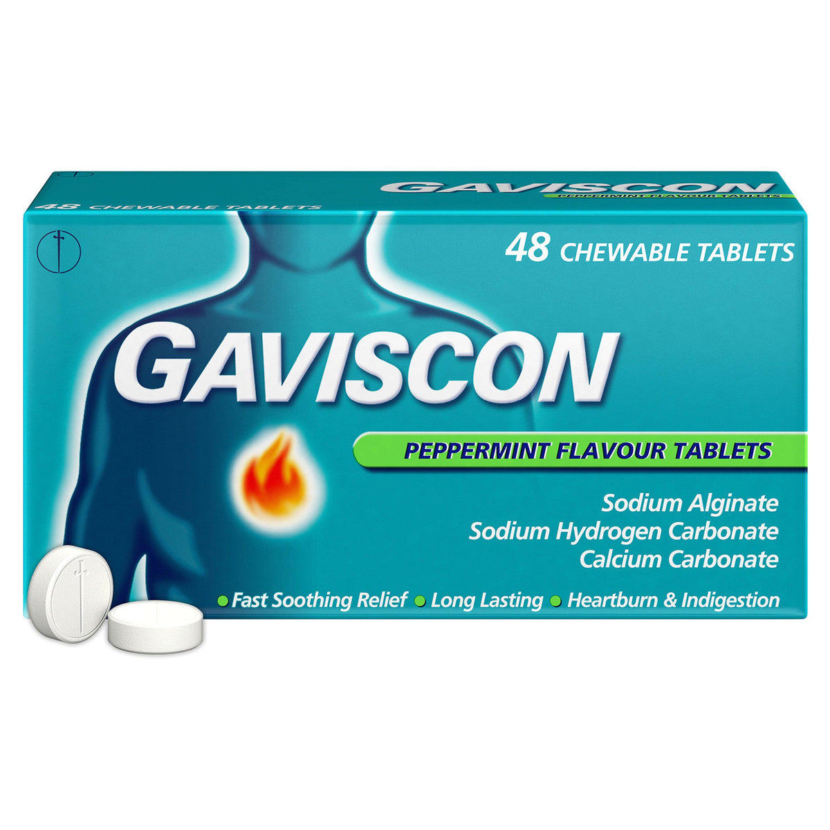 Gaviscon heartburn relief peppermint tablets x48, UK version