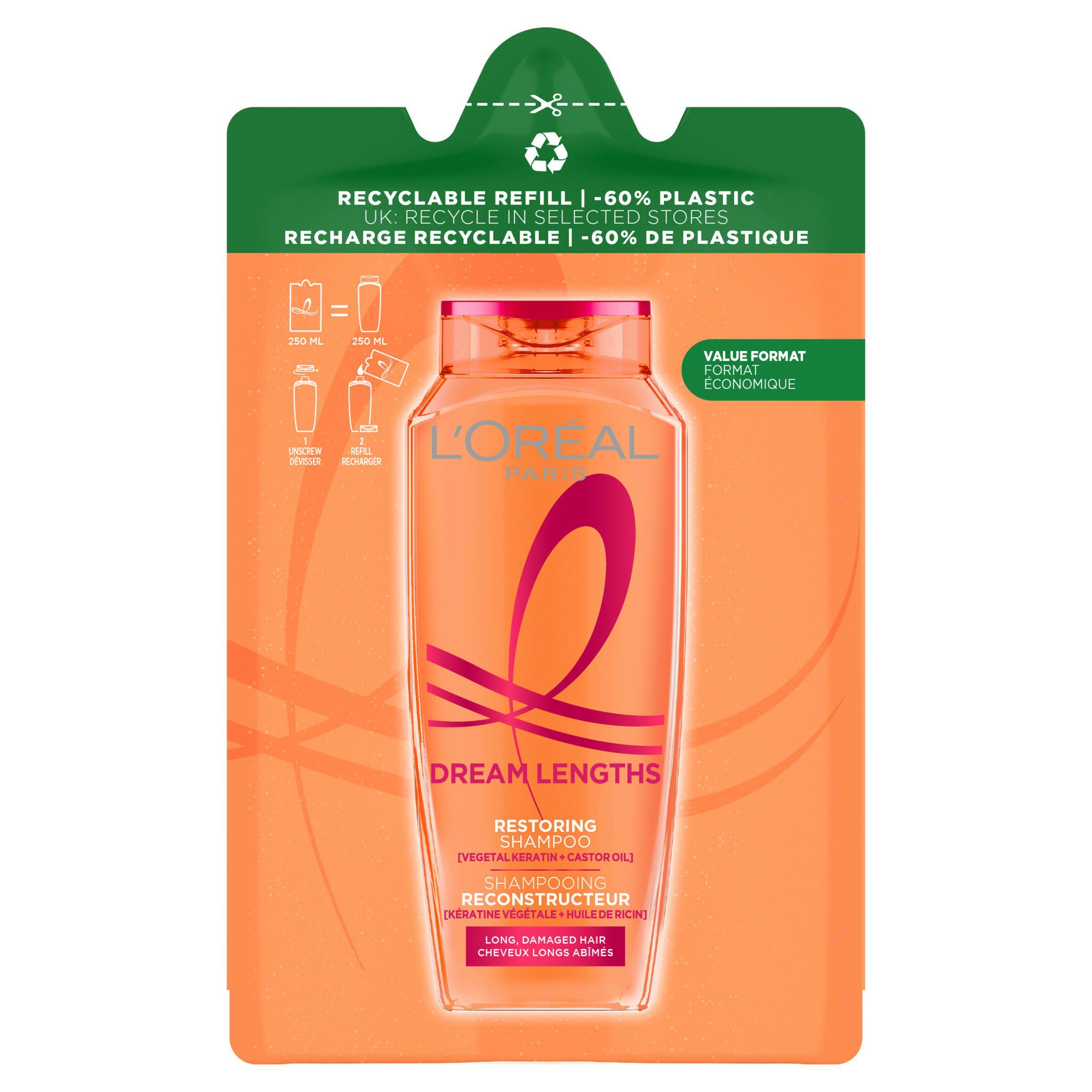 L'Oréal Dream Lengths Shampoo Refill 250ml, imported from the UK
