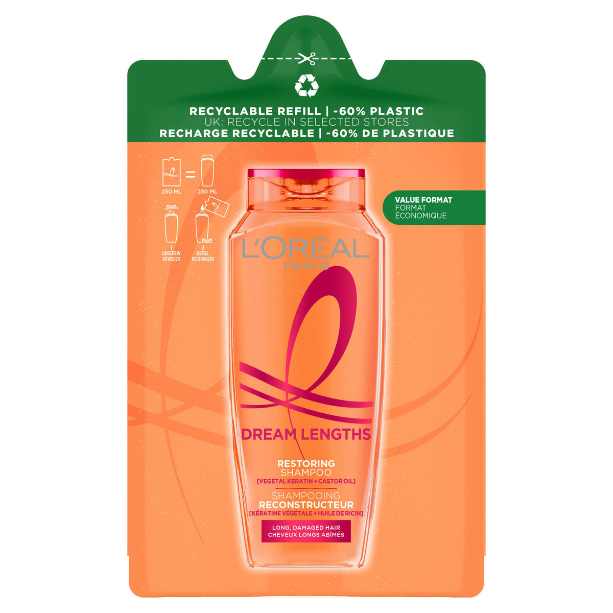 L'Oréal Dream Lengths Shampoo Refill 250ml, imported from the UK